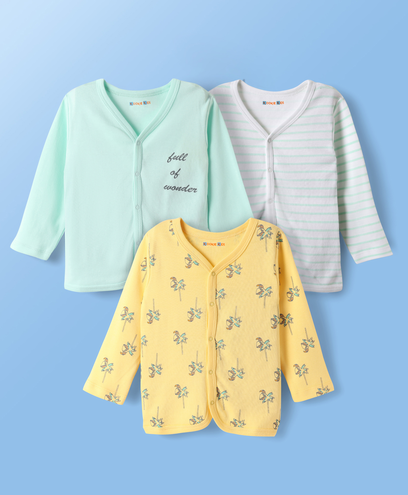 kookie kids india Kookie Kids Interlock Knit Full Sleeves Striped Front Open Jhablas with Tree & Text Print Pack of 3 - White Yellow & Aqua Blue-picture-21