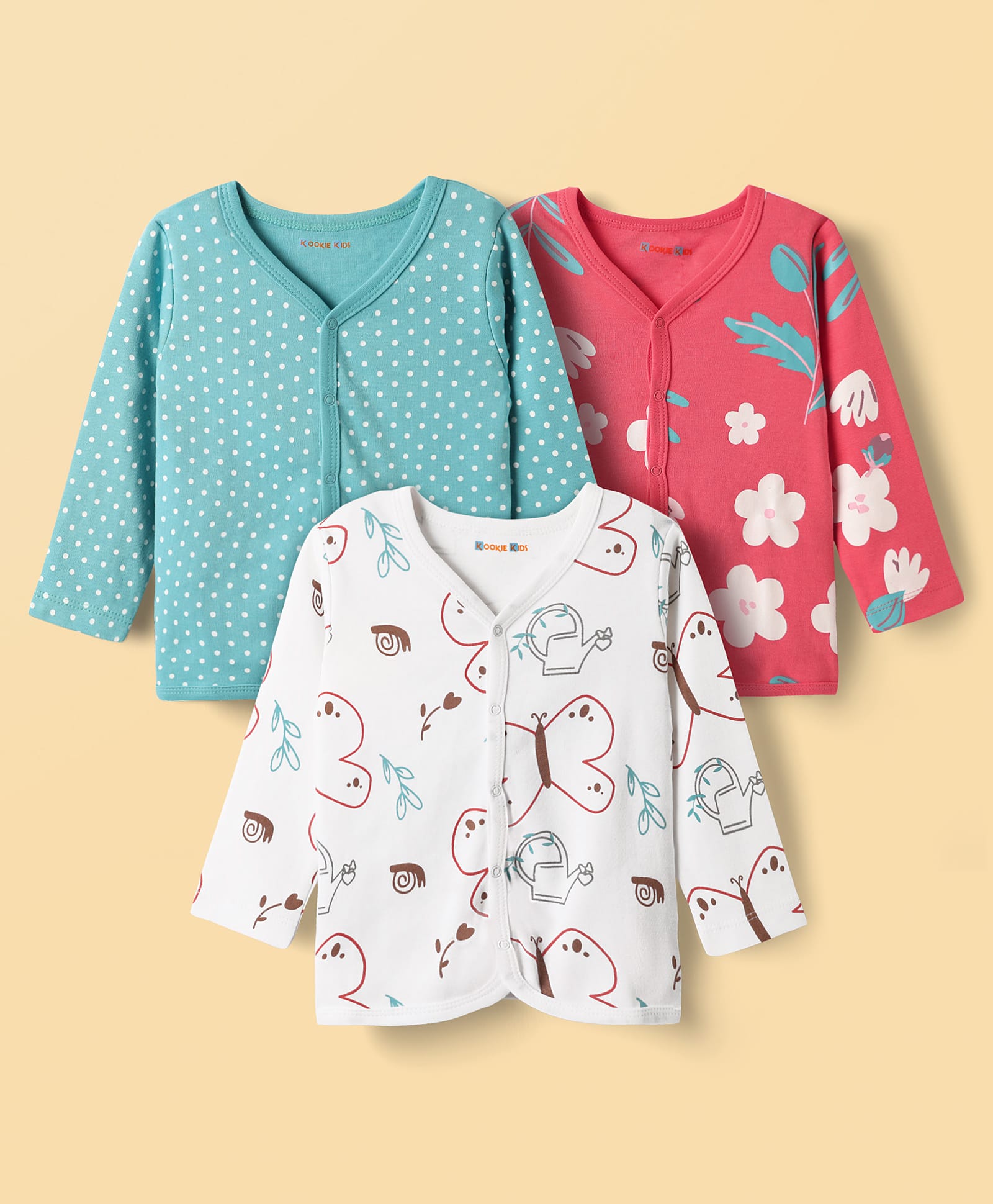 kookie kids india Kookie Kids Interlock Knit Full Sleeves Floral & Butterfly Printed Jhablas Pack of 3 - White Red & Blue-picture-20