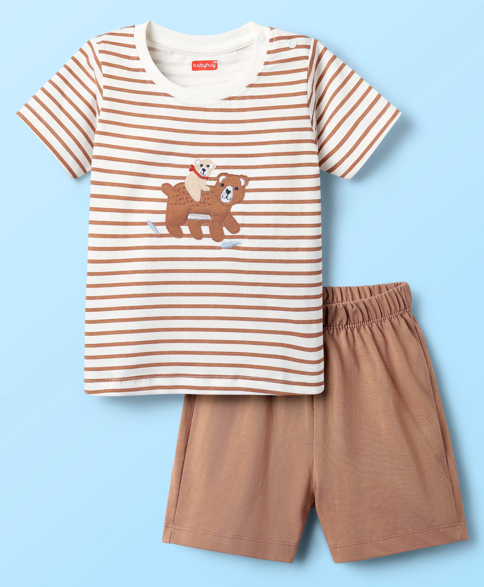 Babyhug Interlock Knit Half Sleeves Striped T-Shirt & Shorts Set With Animal Patch - Brown-picture-11