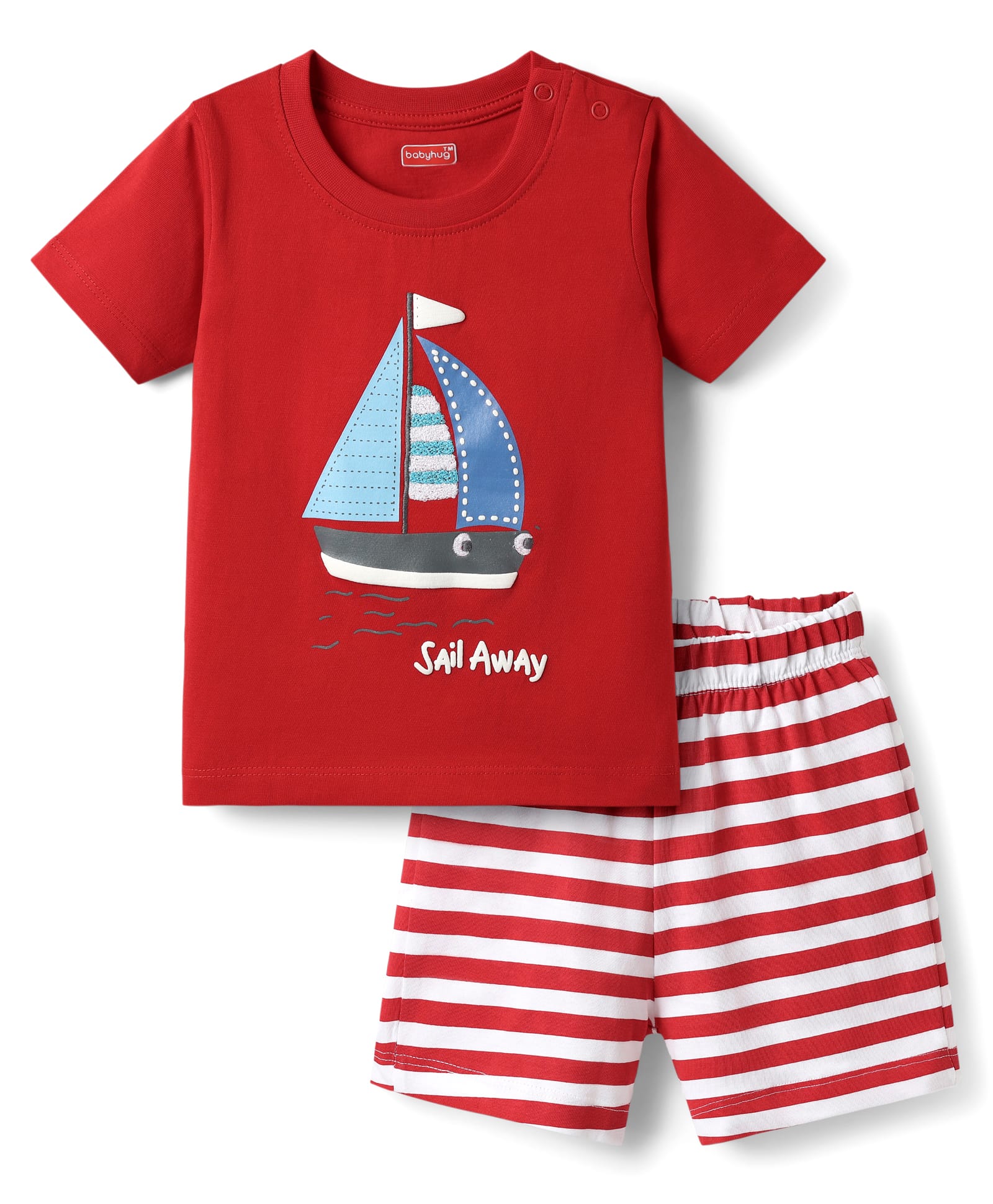 Babyhug Interlock Knit Half Sleeves T-Shirt & Shorts Set With Stripes & Nautical Theme Print - Red & White-picture-13