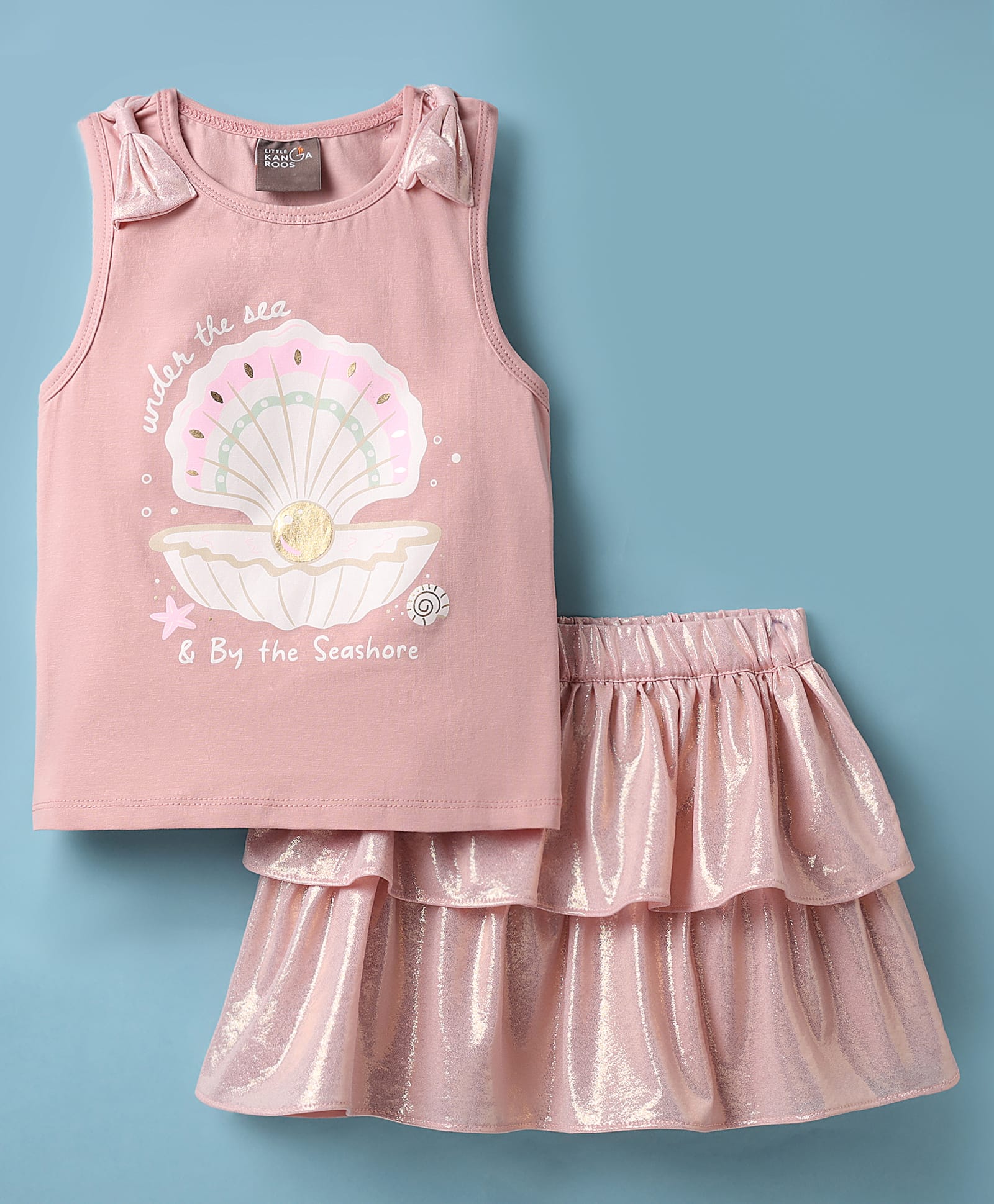Little Kangaroos Knit Sleeveless Top & Skirt Set With Seashell Print - Pink-image-19