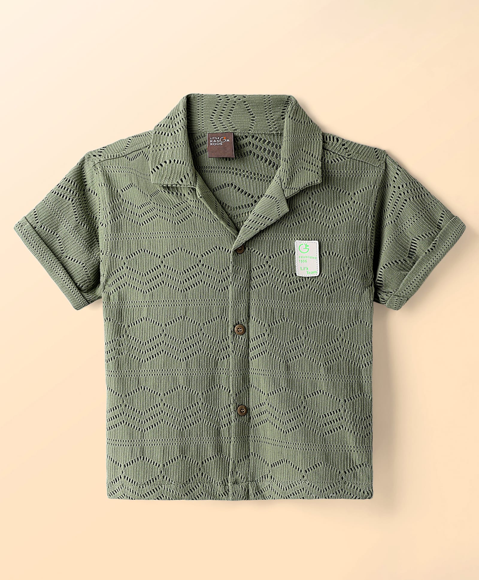 Little Kangaroos Cotton Woven Half Sleeves Solid Color Textured Shirt - Olive Green-picture-37