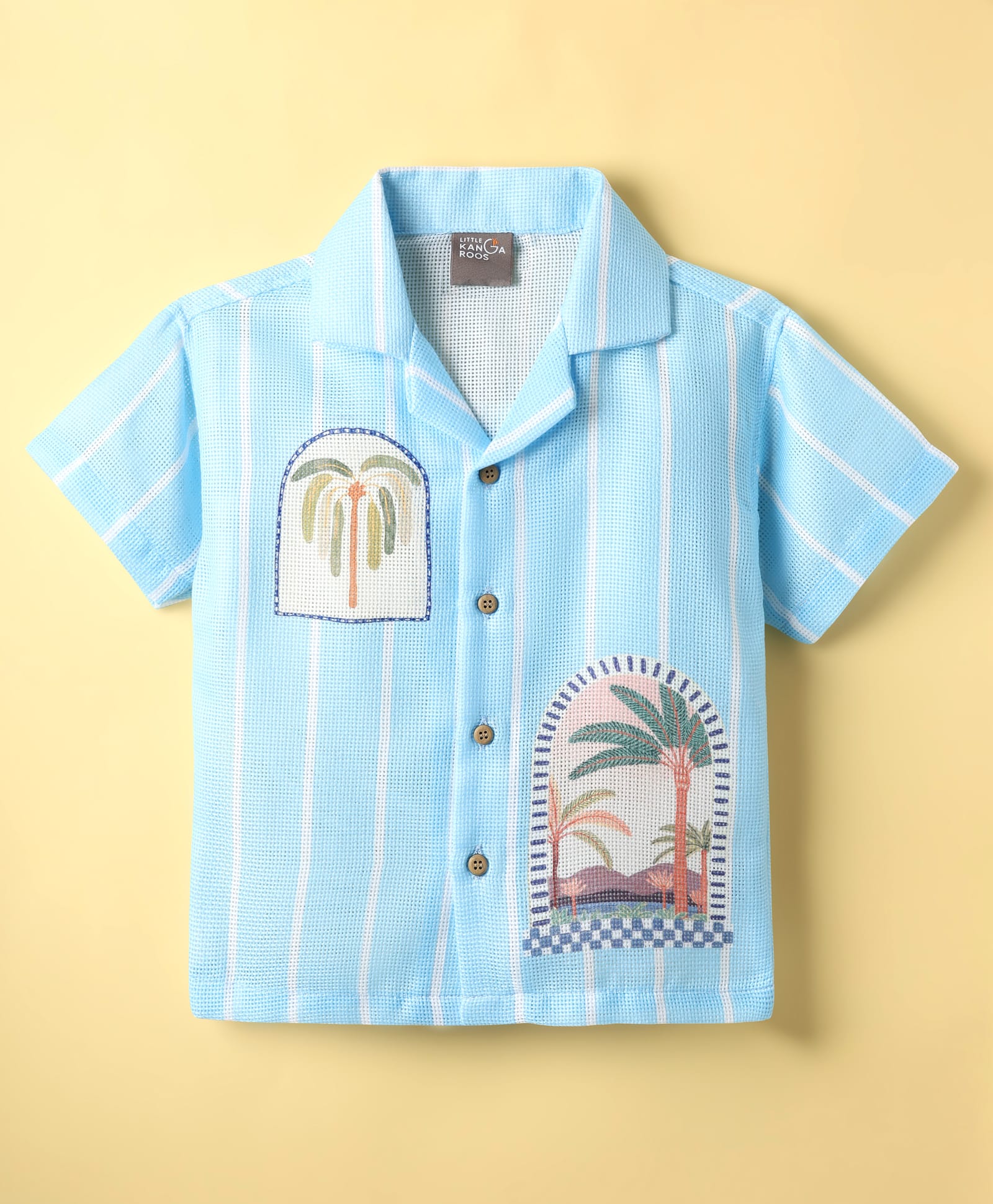 Little Kangaroos Cotton Woven Half Sleeves Striped Shirt with Beach Theme Print - Sky Blue-picture-27