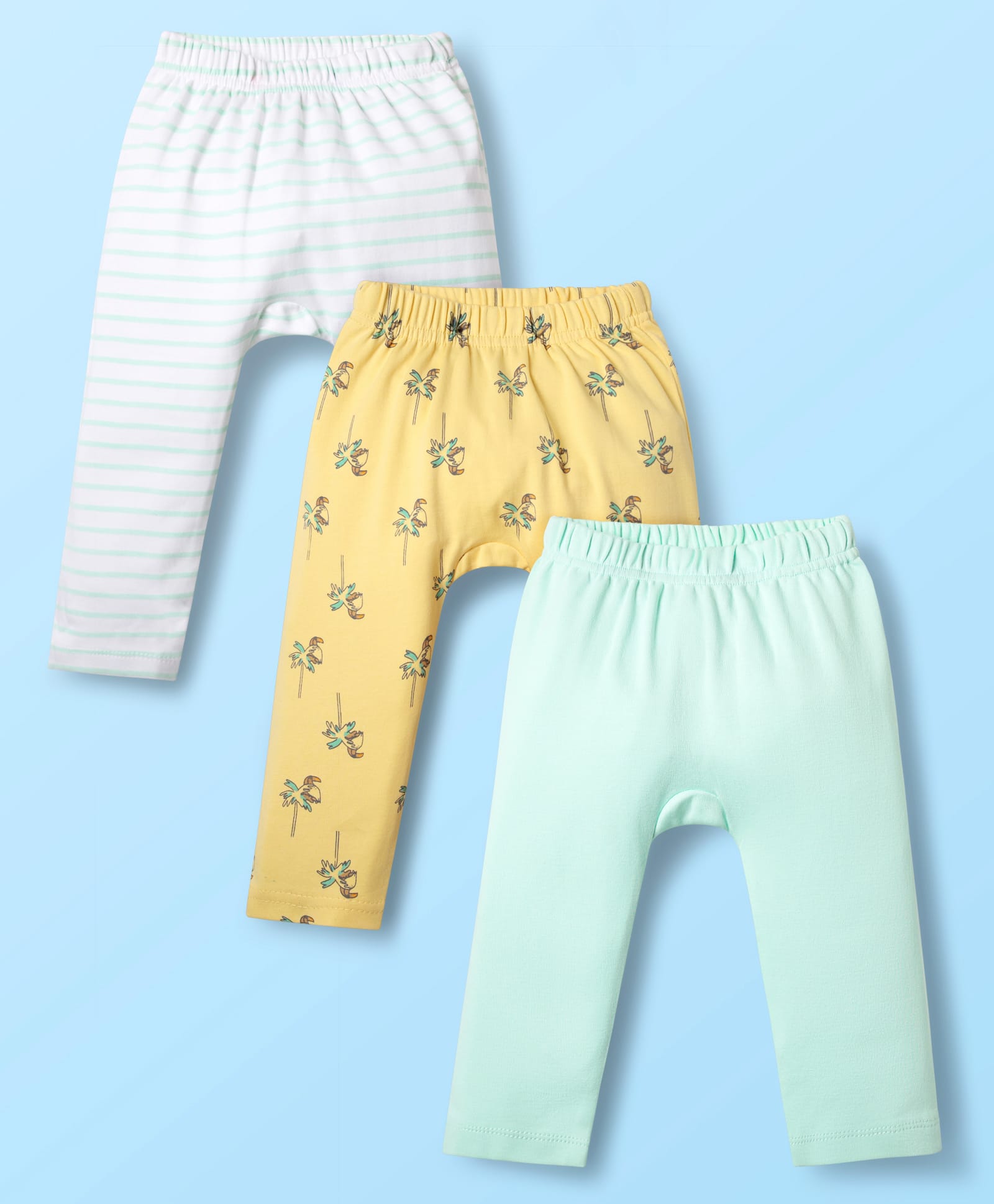 Kookie Kids Interlock Knit Full Length Striped & Tree Printed DIaper Leggings Pack of 3 - White Light Blue & Yellow-image-34