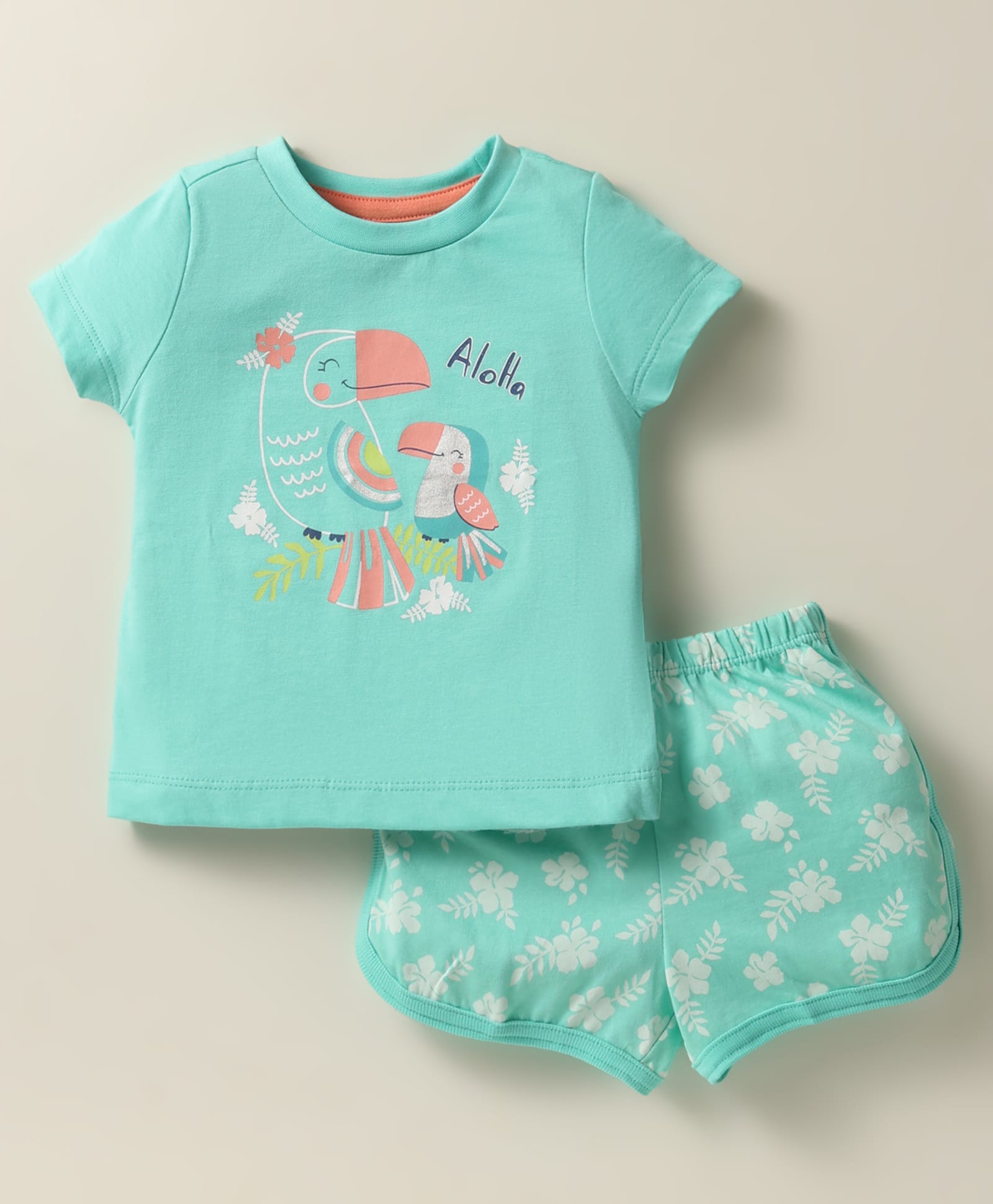 Zero Sinker Knit Half Sleeves Shorts Night Suit With Bird & Floral Print - Sea Green-picture-13