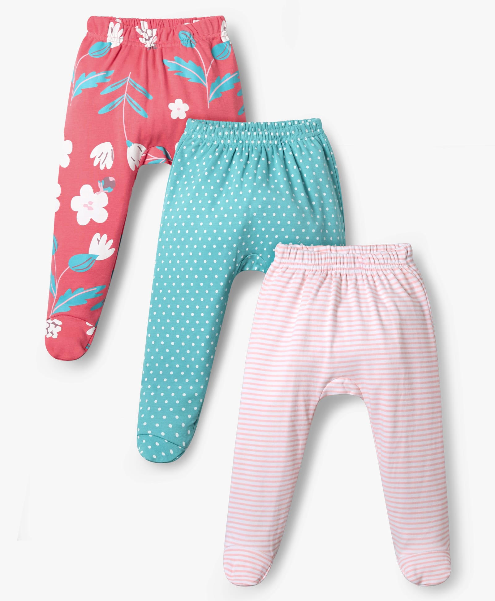 Kookie Kids Interlock Knit Floral & Polka Dot Printed Bootie Leggings Pack of 3 - Red Blue & Pink-image-7