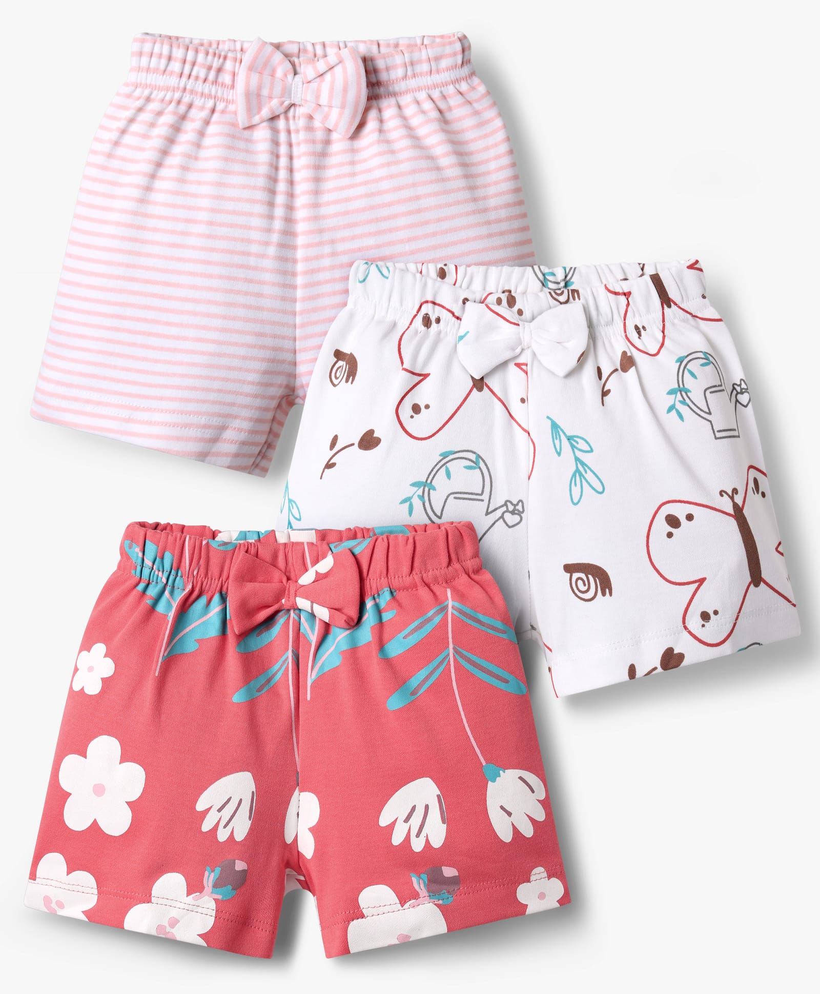 kookie kids india Kookie Kids Shorts With Stripes & Floral Print and Bow Applique Pack of 3 - Red & White-picture-33