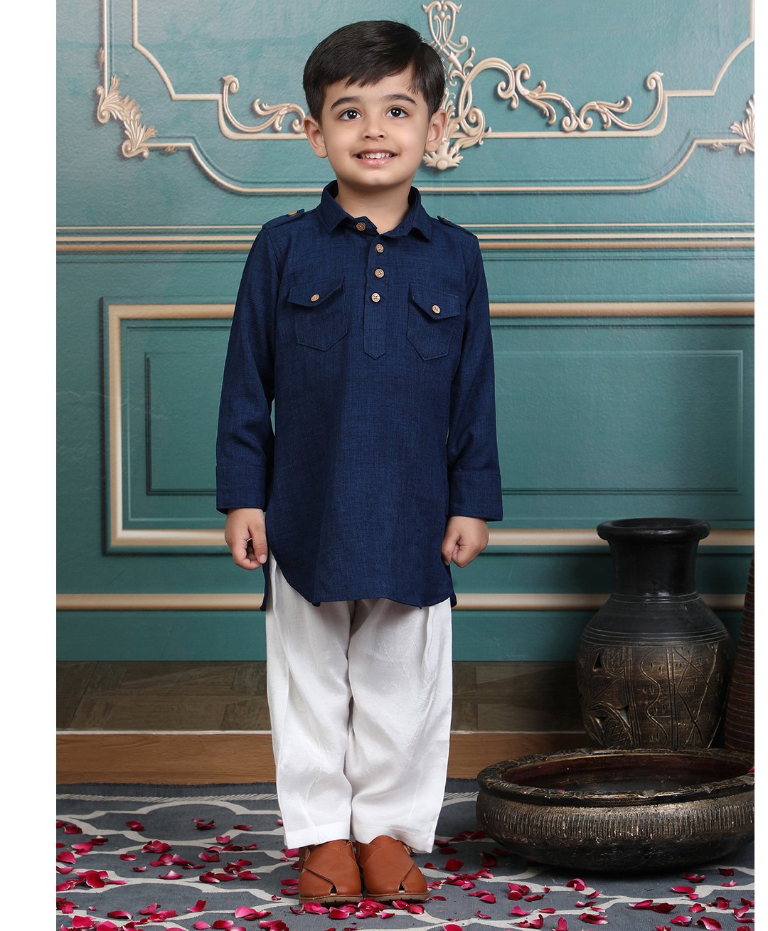 Polka Tots Cotton Full Sleeves Solid Pathani Style Kurta & Pyjama Set - Blue-image-7