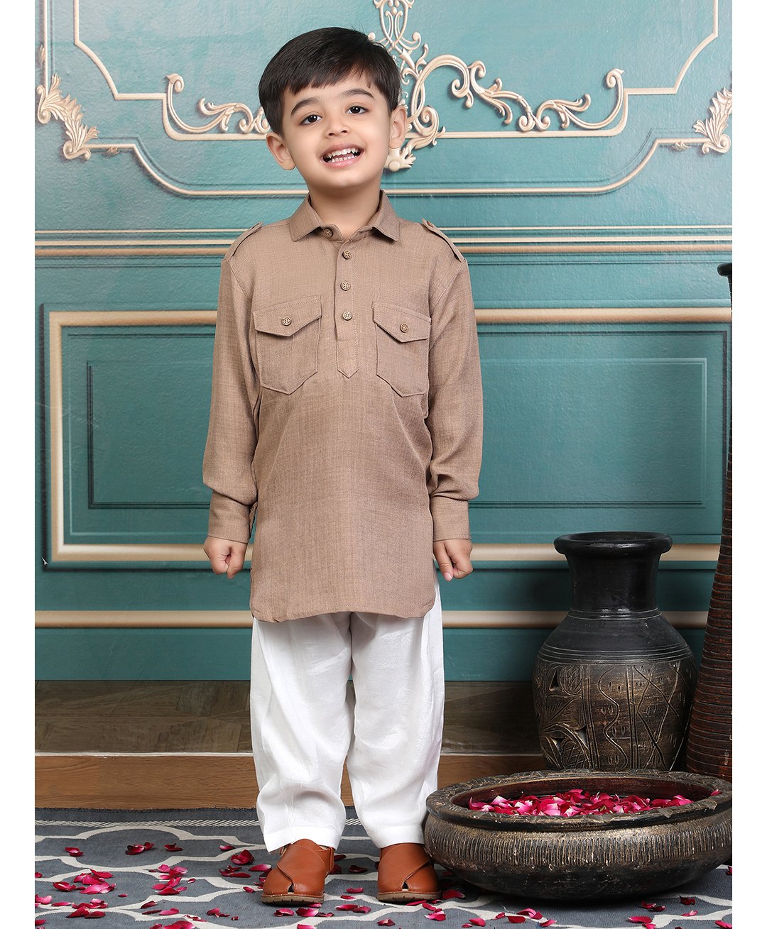 Polka Tots Cotton Full Sleeves Solid Pathani Style Kurta & Pyjama Set - Beige-image-40