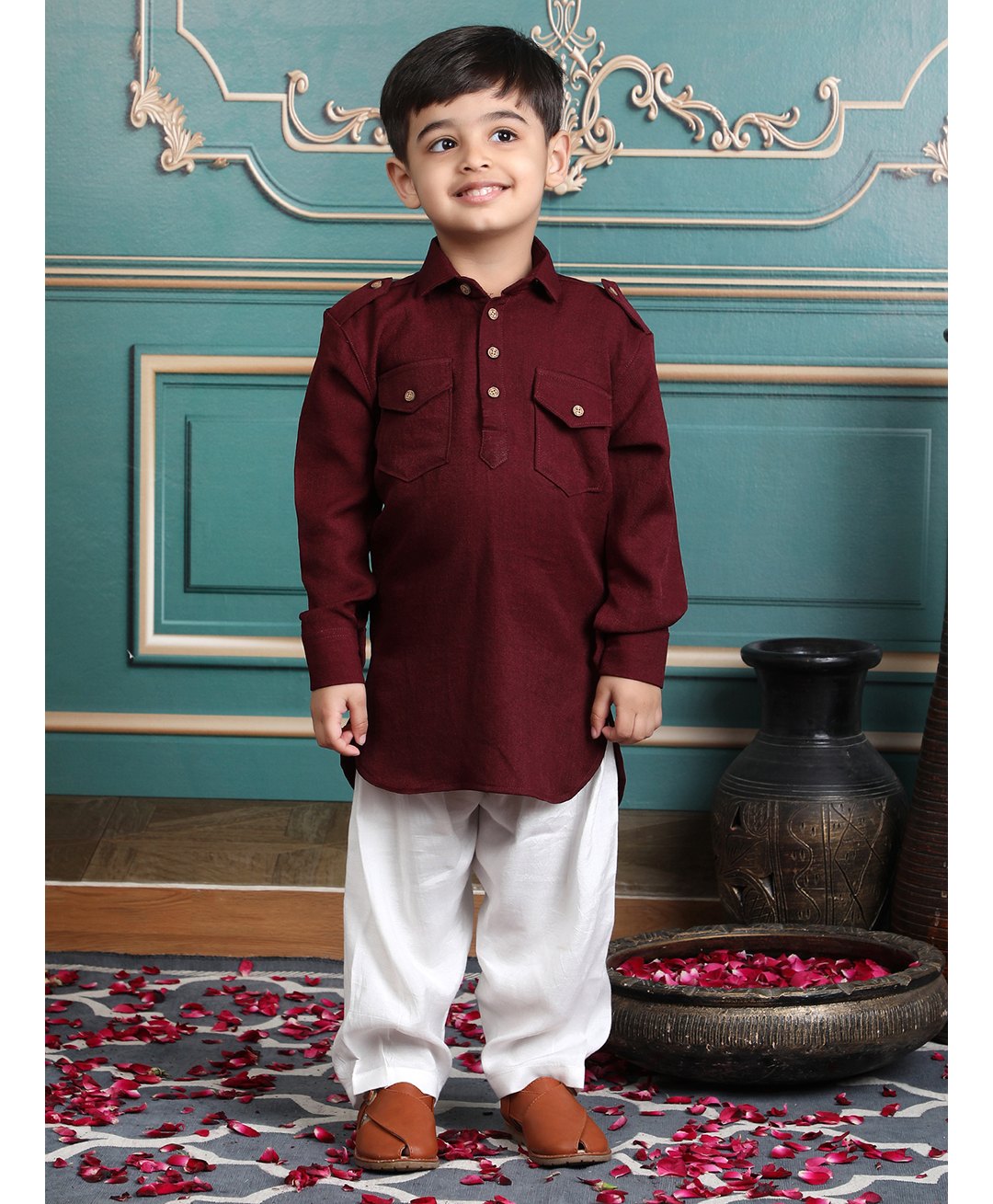 Polka Tots Cotton Full Sleeves Solid Pathani Style Kurta & Pyjama Set - Maroon-image-25