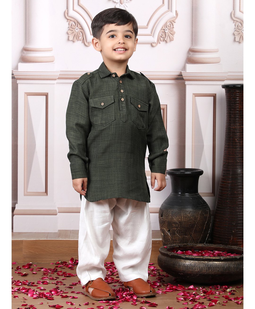 Polka Tots Cotton Full Sleeves Solid Pathani Style Kurta & Pyjama Set - Green-picture-12