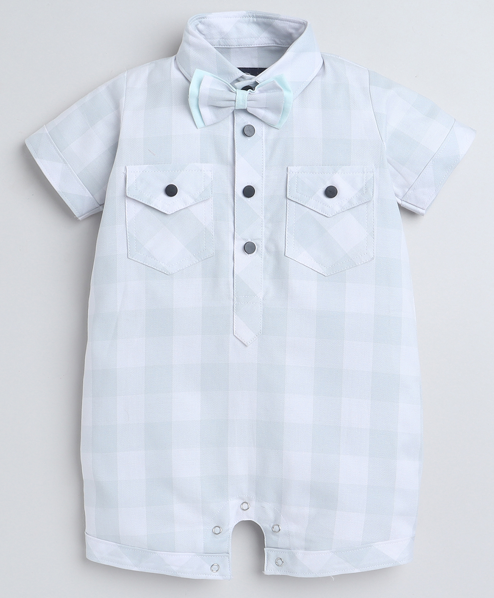 Polka Tots Cotton Half Sleeves Checked Shirt Style Romper With Set - Green-picture-22