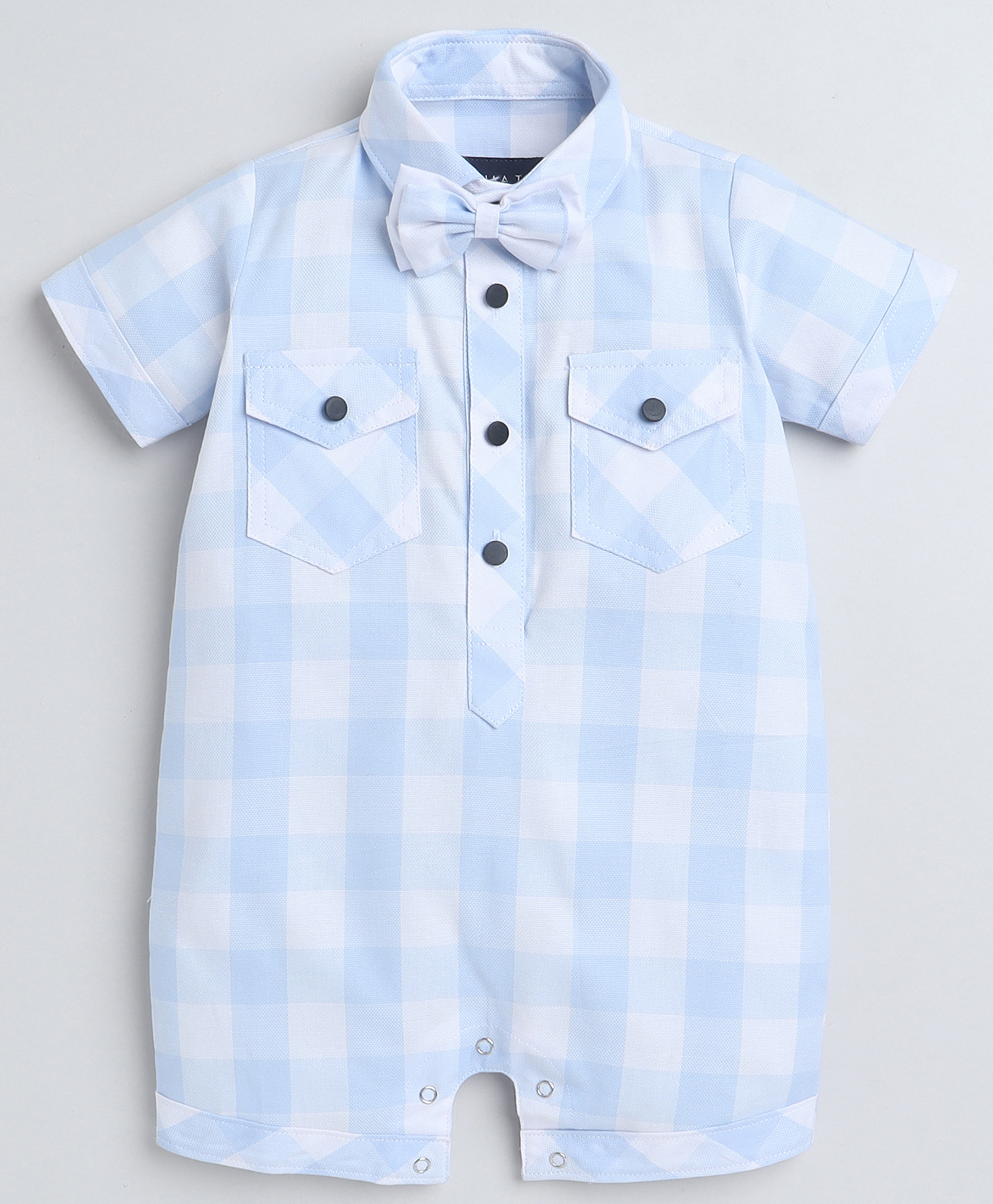 Polka Tots Cotton Half Sleeves Checked Shirt Style Romper With Set - Blue-picture-18