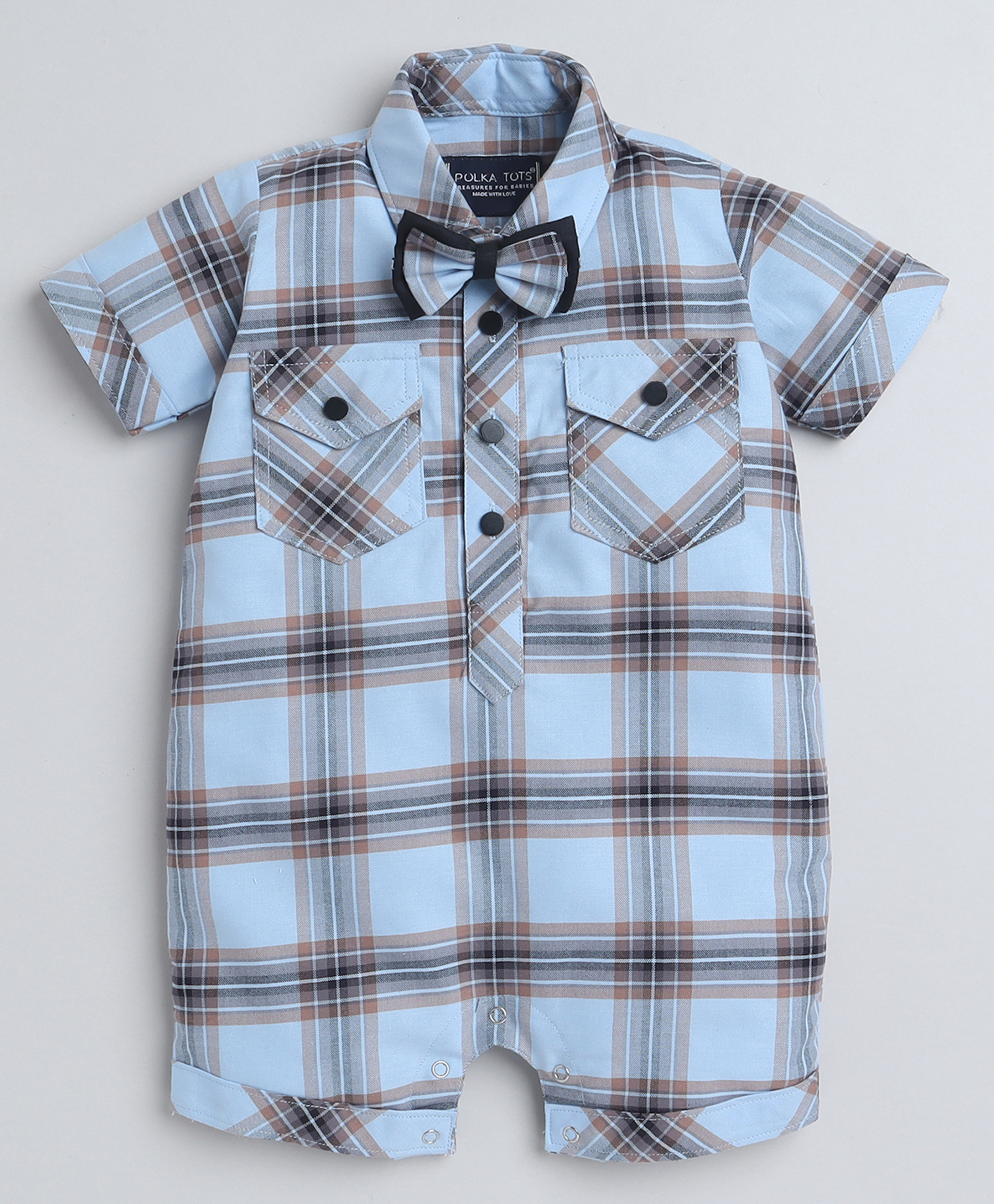 Polka Tots Cotton Half Sleeves Checked Shirt Style Romper With Set - Blue-picture-14