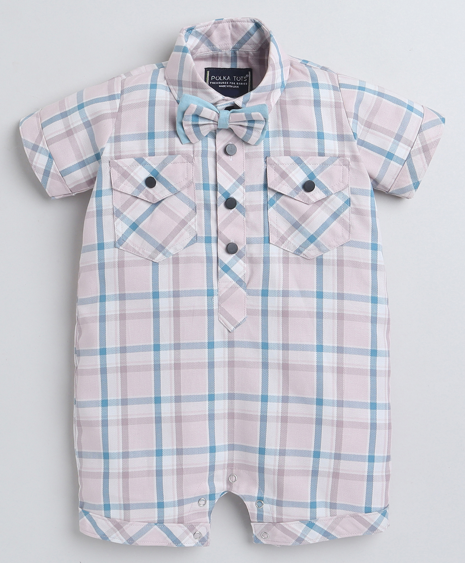 Polka Tots Cotton Half Sleeves Checked Shirt Style Romper With Set - Mauve-picture-19