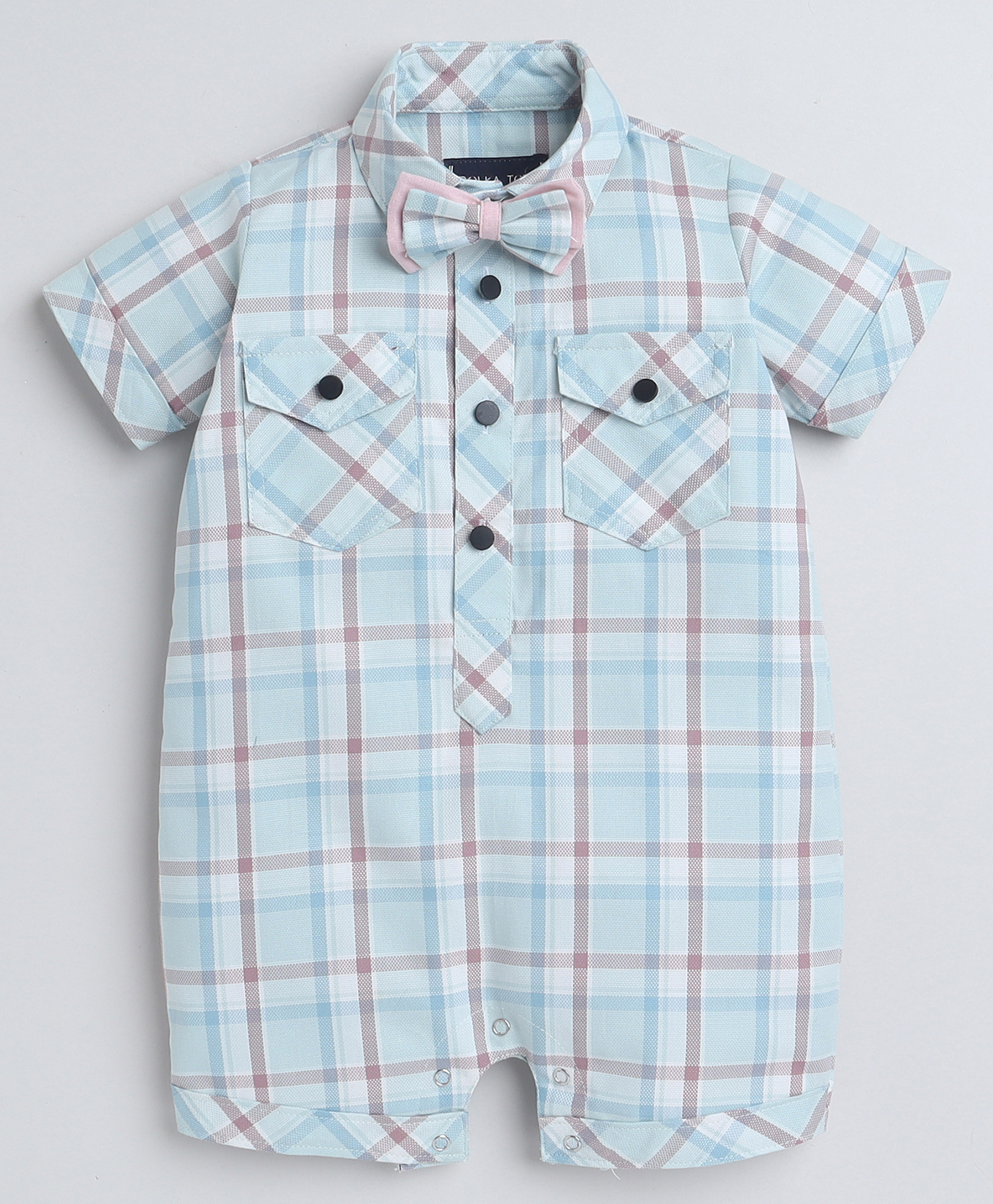 Polka Tots Cotton Half Sleeves Checked Shirt Style Romper With Set - Turquoise-picture-10