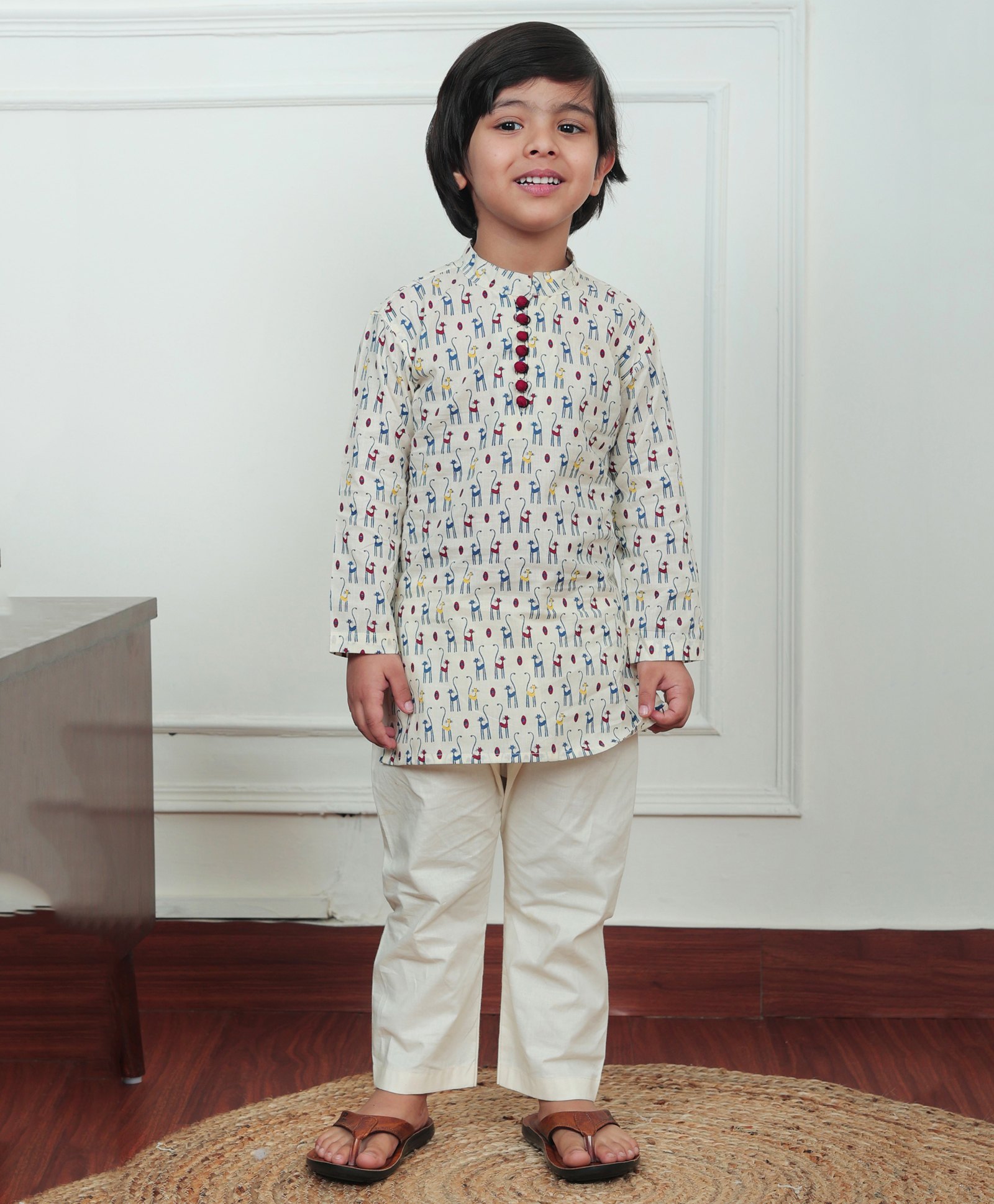 Polka Tots Cotton Full Sleeves Cats Printed Kurta Pyjama Set - Cream-image-5