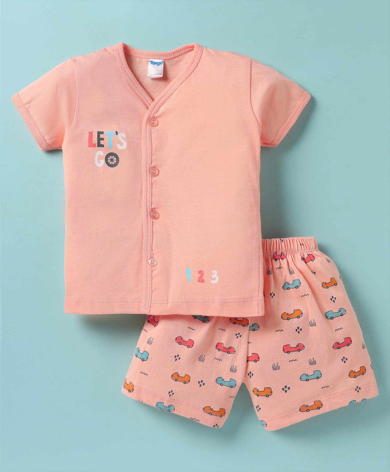 Tango Single Jersey Half Sleeves Shorts Set With Vehicle Print - Peach-image-19