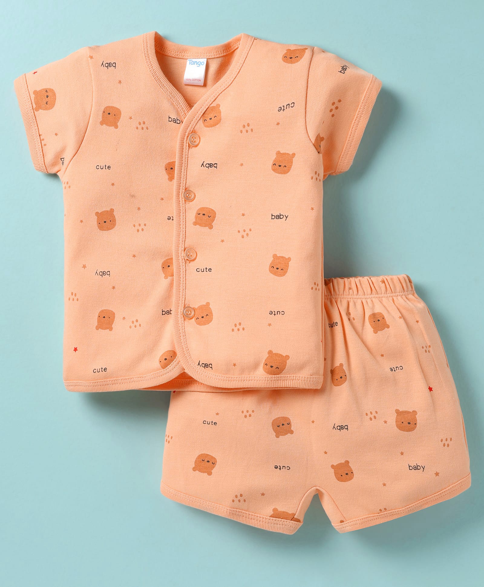 Tango Interlock Woven Front Open Shorts Night Suit With Bear Print - Peach-image-7
