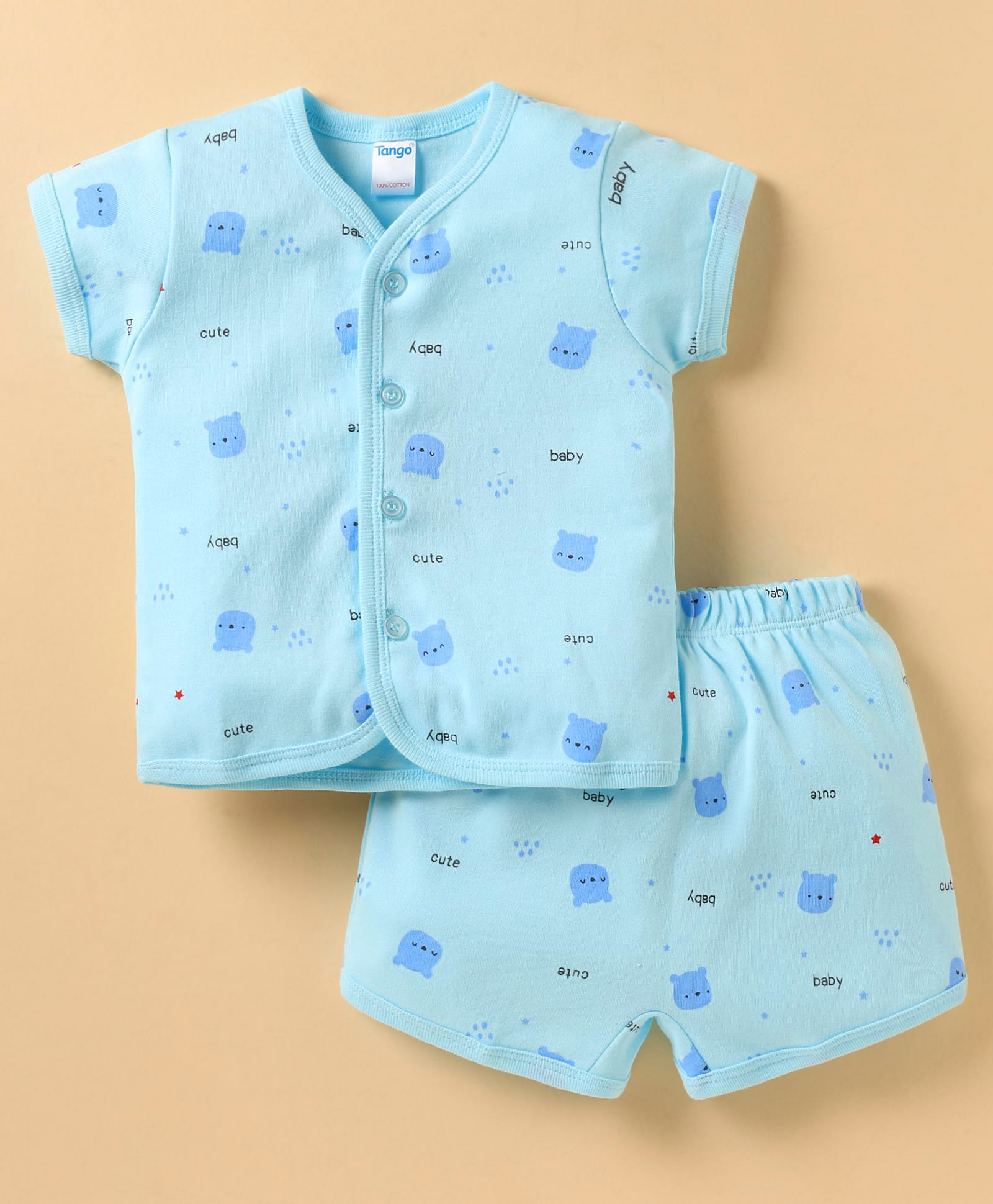 Tango Interlock Woven Front Open Shorts Night Suit With Bear Print - Peach-image-6