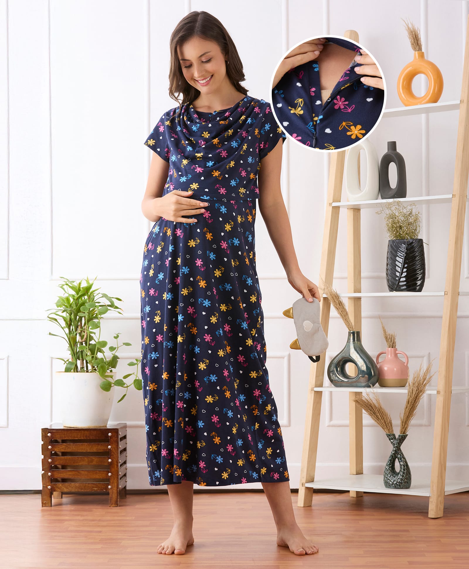 Bella Mama Cotton Knit Half Sleeves Nurisng Nighty with Concealed Zipper Floral Print & Pocket Detailing- Navy Blue-picture-42