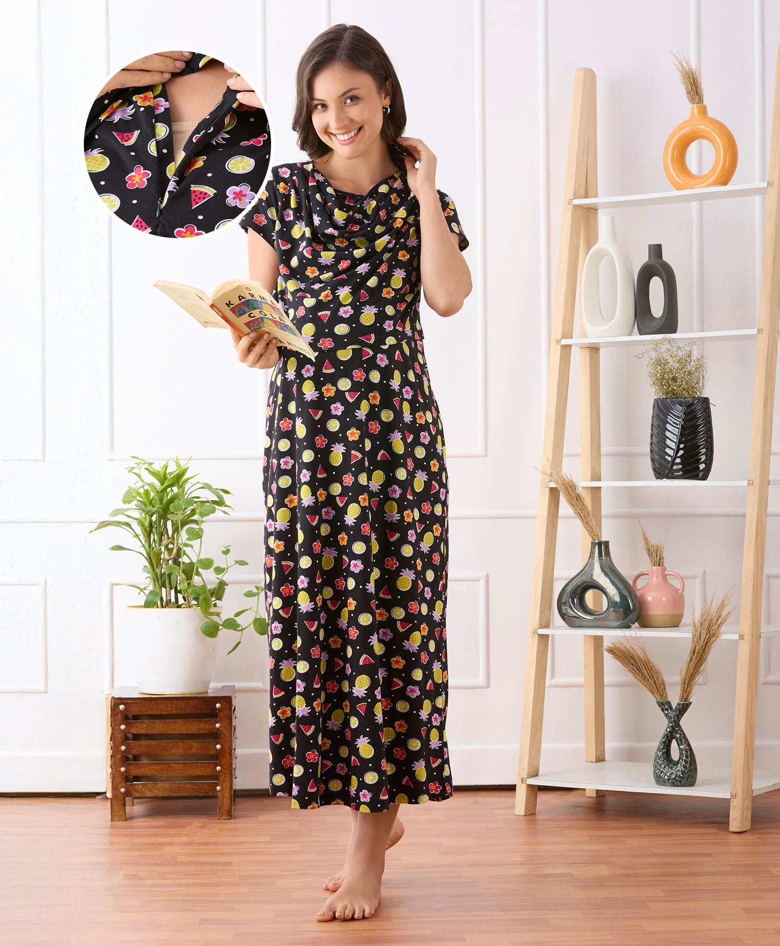 Bella Mama Cotton Knit Half Sleeves Nurisng Nighty with Concealed Zipper With Fruit Print & Pocket Detailing- Black-picture-25