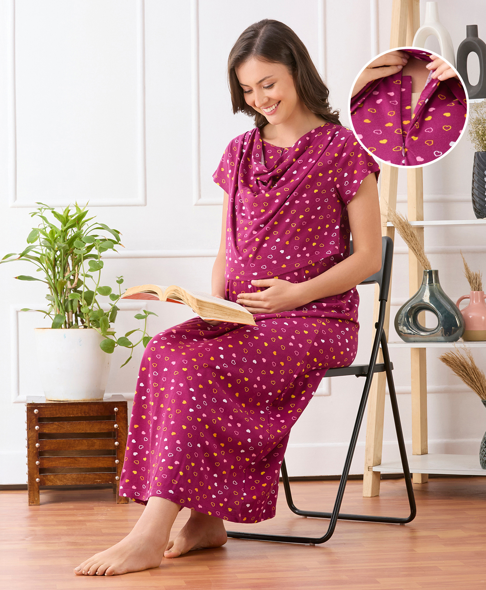 Bella Mama Cotton Knit Half Sleeves Nurisng Nighty with Concealed Zipper With Heart Print & Pocket Detailing - Wine-picture-40