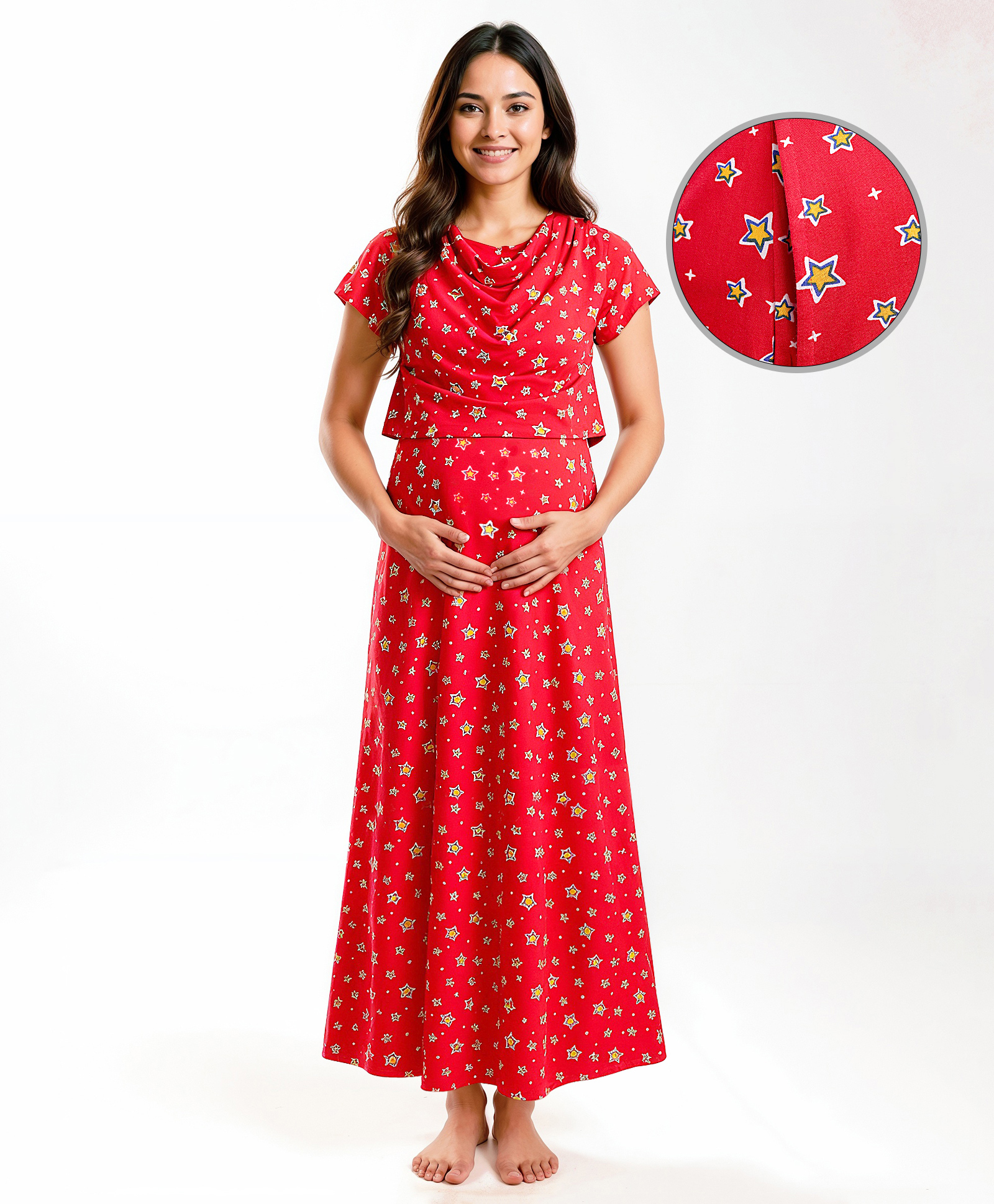 Bella Mama Cotton Knit Half Sleeves Nursing Nighty Star Print - Red-picture-18