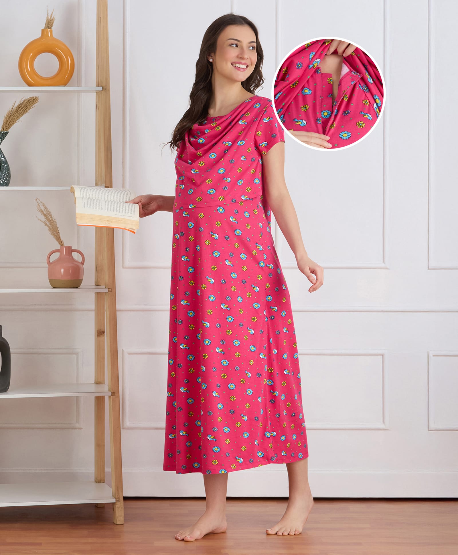 Bella Mama Cotton Knit Half Sleeves Nighty with Concealed Zipper & Floral Print - Pink