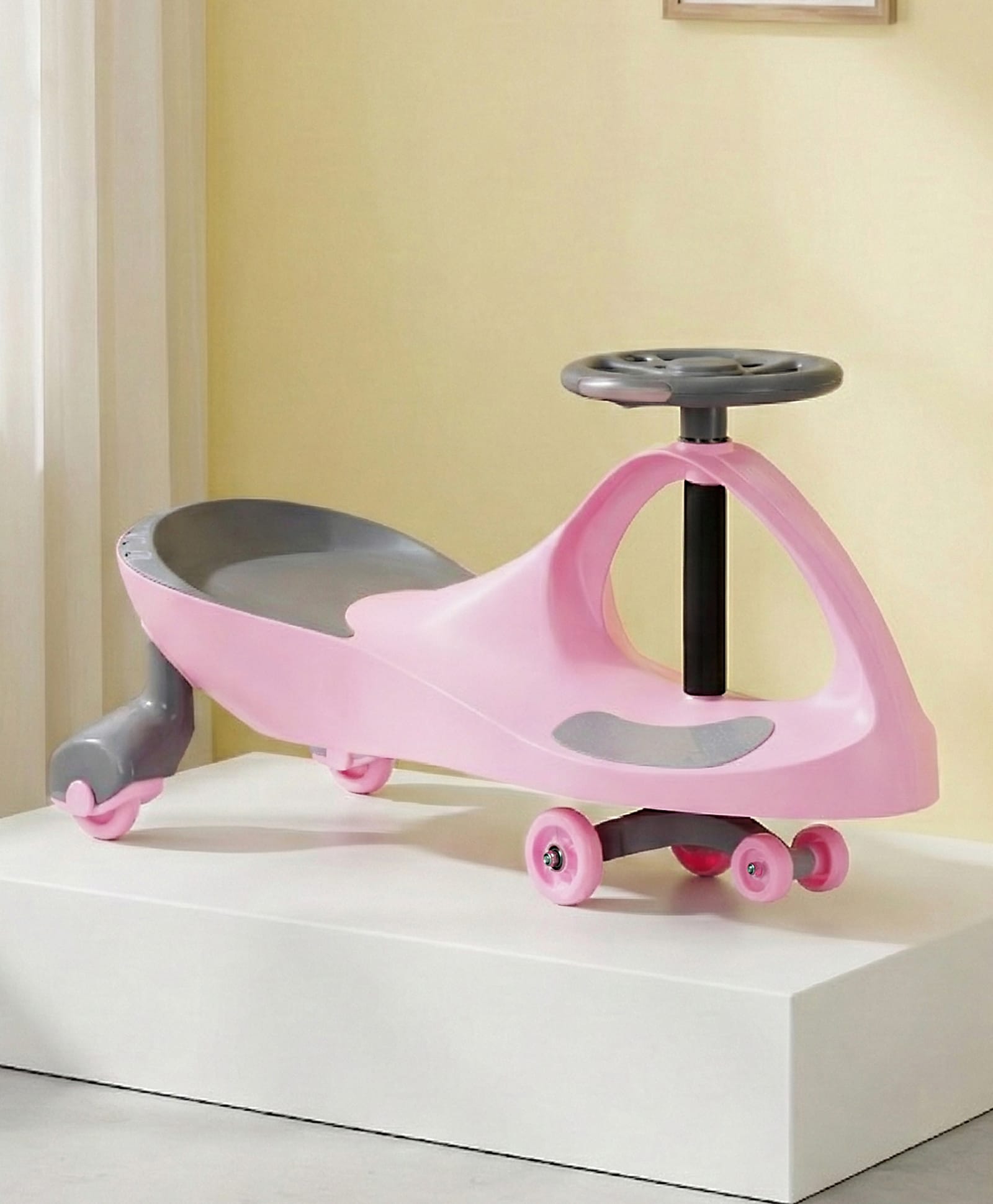 Kids Twister Swing Car with Light & Sound | Easy to Handle| Built for Rough Play| Encourages Physical Activity| Smooth Wheels| Colorful LED Lights - Pink