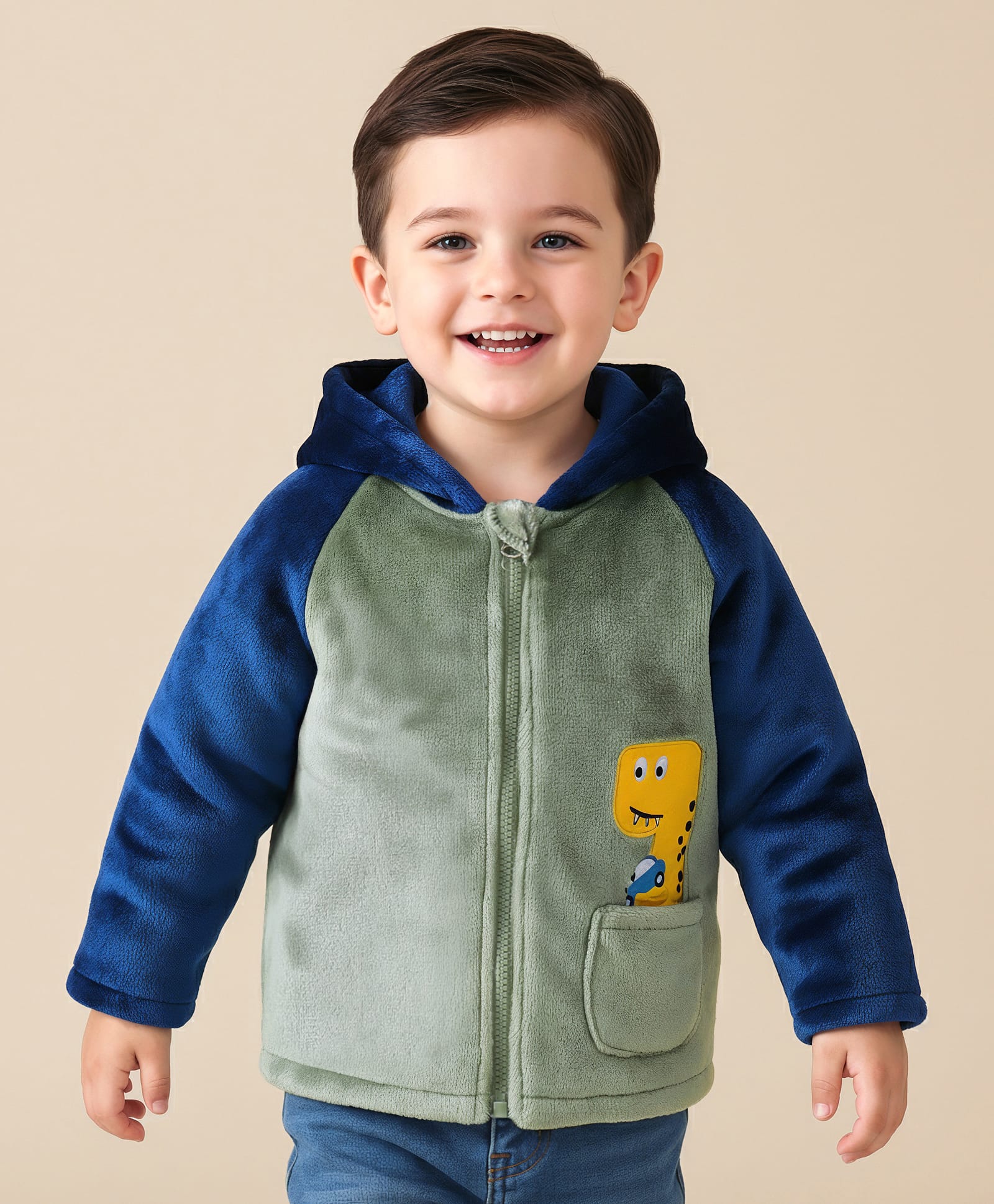 Mark & Mia Full Raglan Sleeves Hooded Winter Jacket With Dino Embroidery - Grey & Navy Blue-image-21