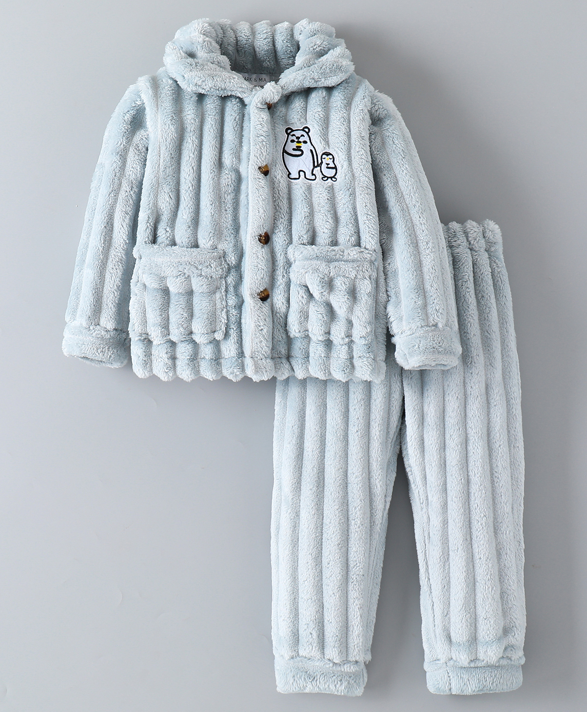 Mark & Mia Full Sleeves Solid Color Front Open Fur Co-ords Winter Night Suit with Animal Patch Detailing - Light Blue-picture-30