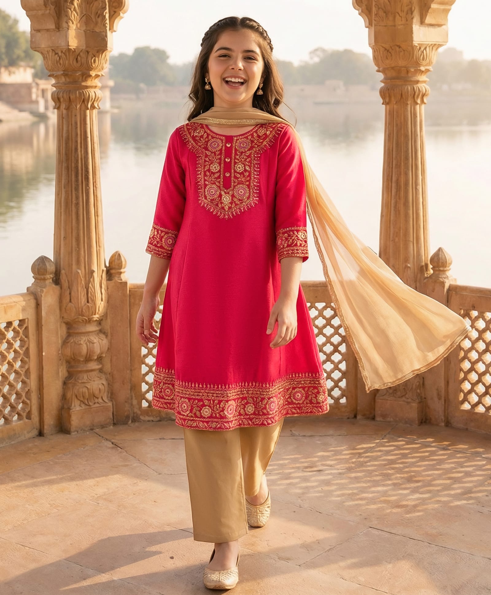 Pine Kids Woven Three Fourth Sleeves Floral Embroidered & Sequinned Kurti & Salwar Set with Dupatta - Dark Pink-image-43