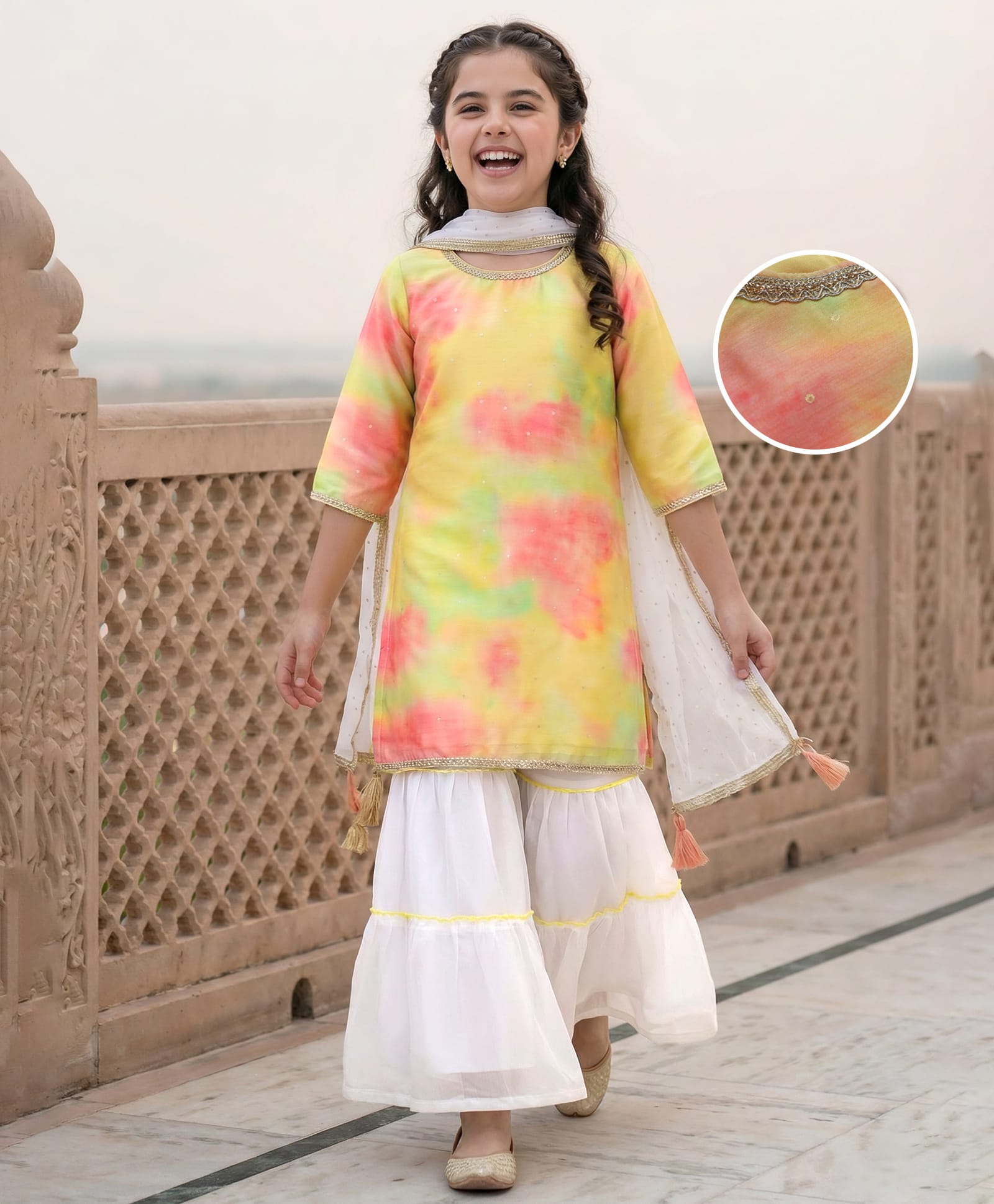 Pine Kids Woven Three Fourth Sleeves Tie & Dye Kurti Palazzo Set with Dupatta & Lace Detailing - Yellow-image-46