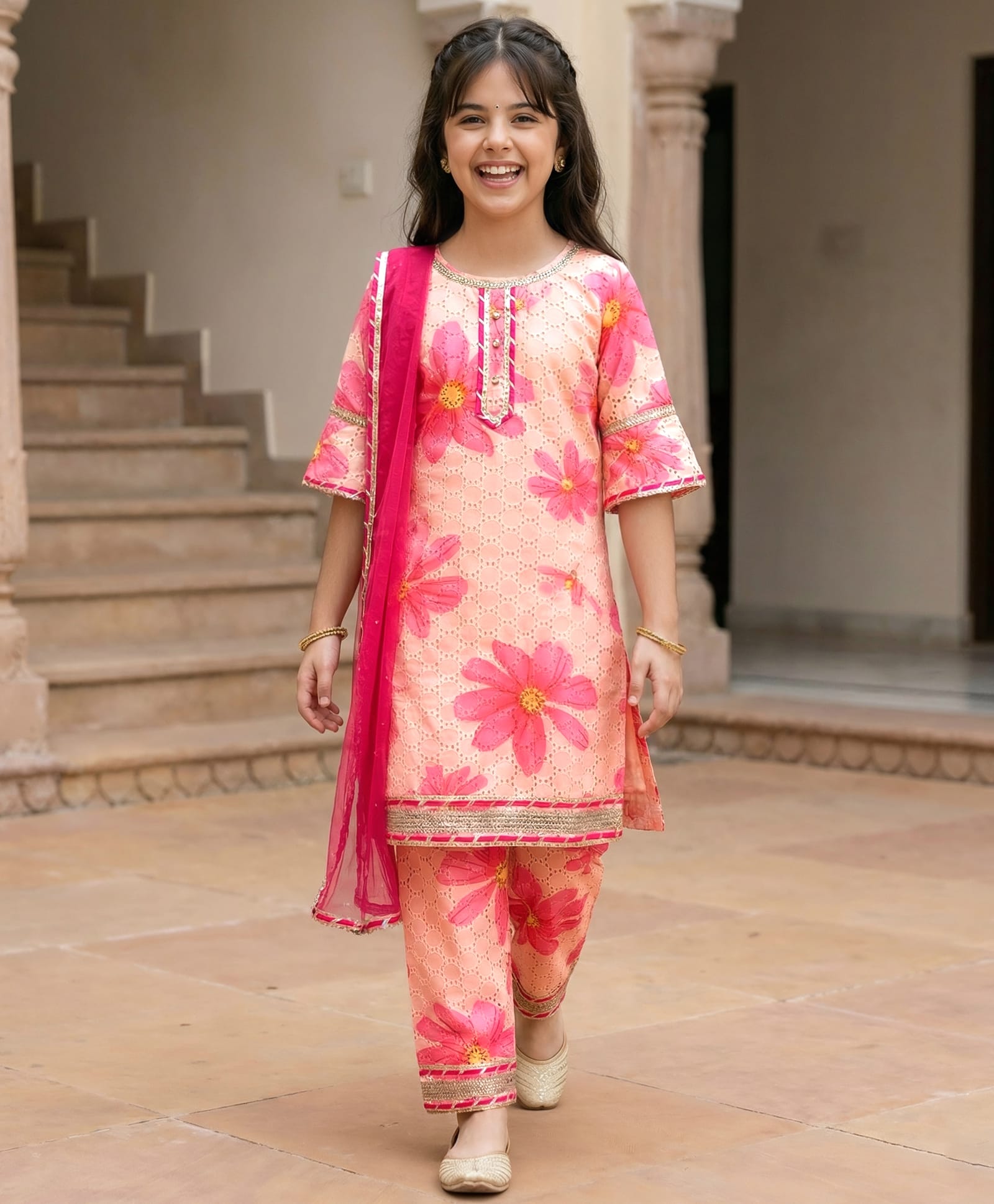 Pine Kids Woven Three Fourth Sleeves Floral Printed Kurta Churidar Set With Dupatta - Pink-image-22