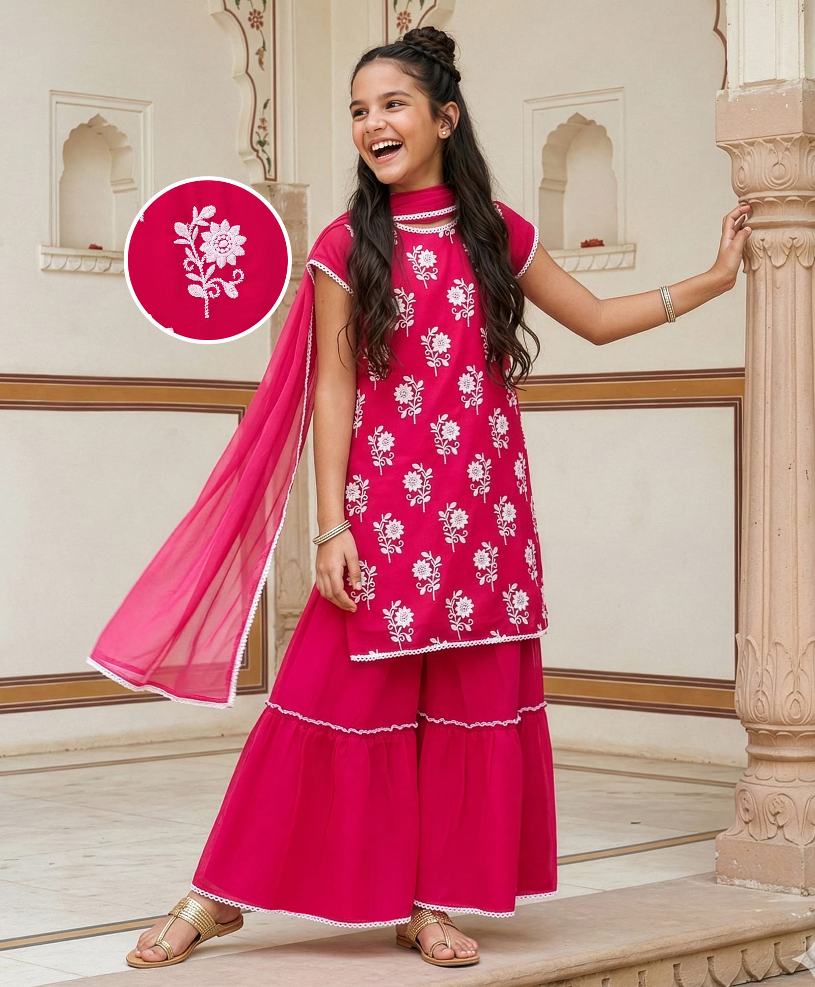 Pine Kids Woven Cap Sleeves Kurta Gharara & Dupatta Set With Floral Print - Red-image-39