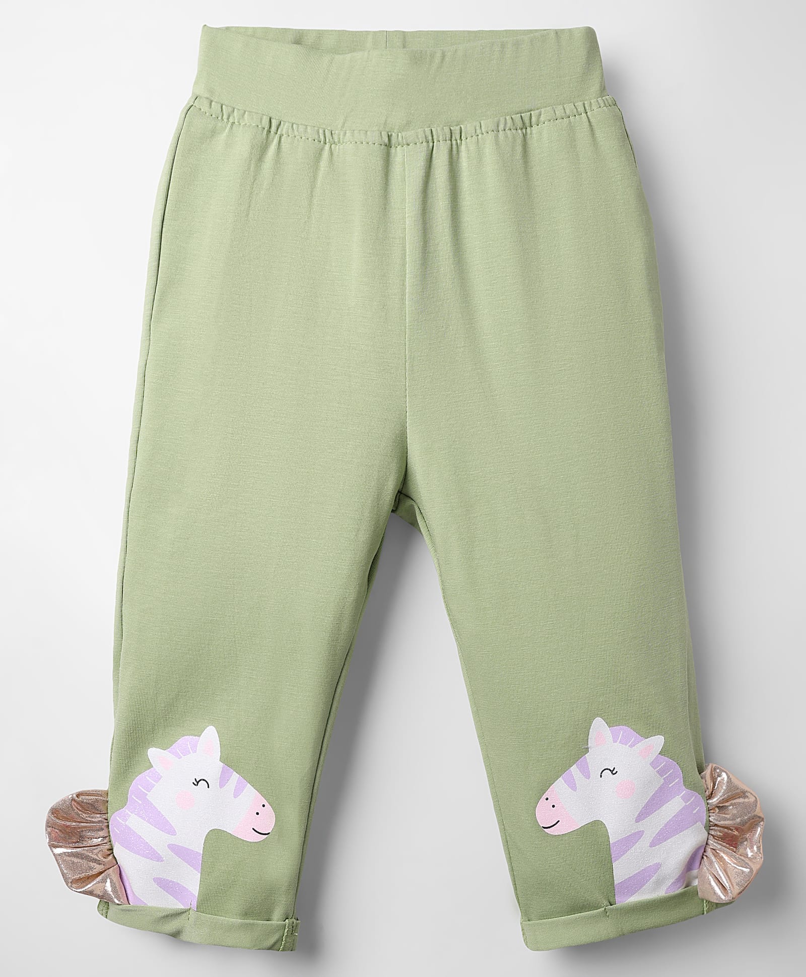 Little Kangaroos Cotton Knit Full Length Leggings with Unicorn Print & Applique - Olive Green-image-40