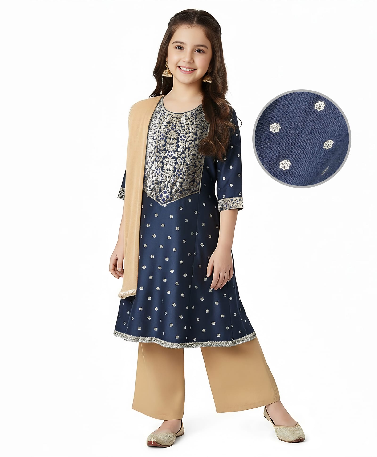 Pine Kids Woven Three Fourth Sleeves Glitter Printed Kurti Salwar Set with Dupatta & Embroidery - Navy Blue-image-48