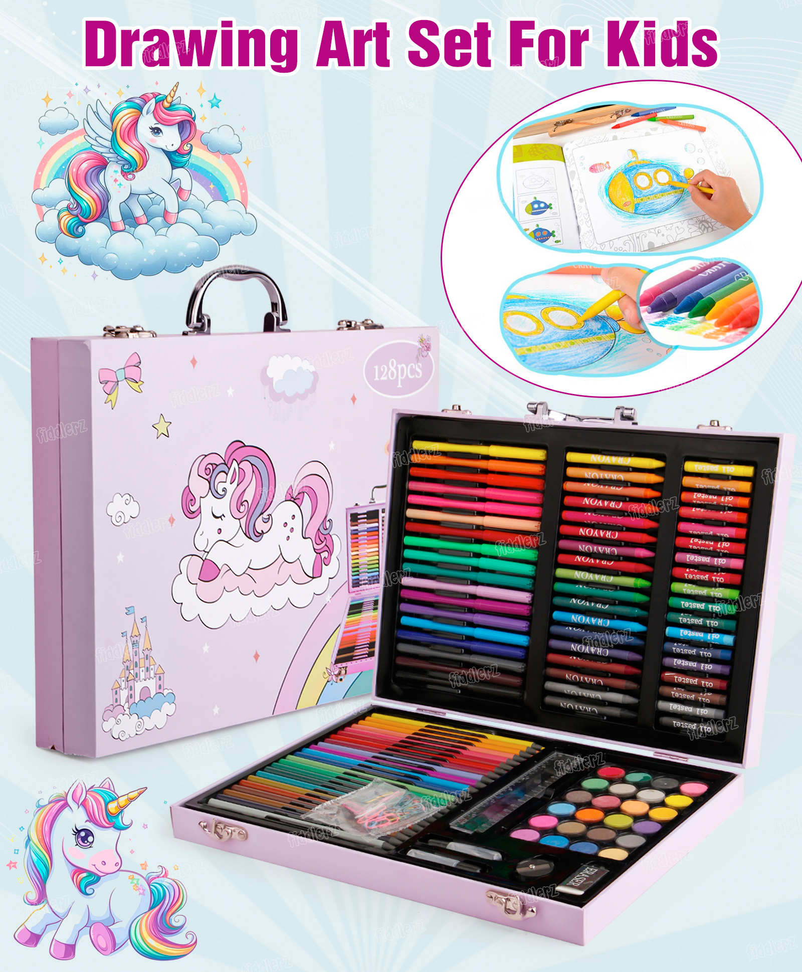 Fiddlerz Unicorn Theme 128 Pcs Color Set for Kids with Crayons Pencils Paints and Accessories in Portable Carry Case for Drawing Coloring and School Fun (Pink)-image-25