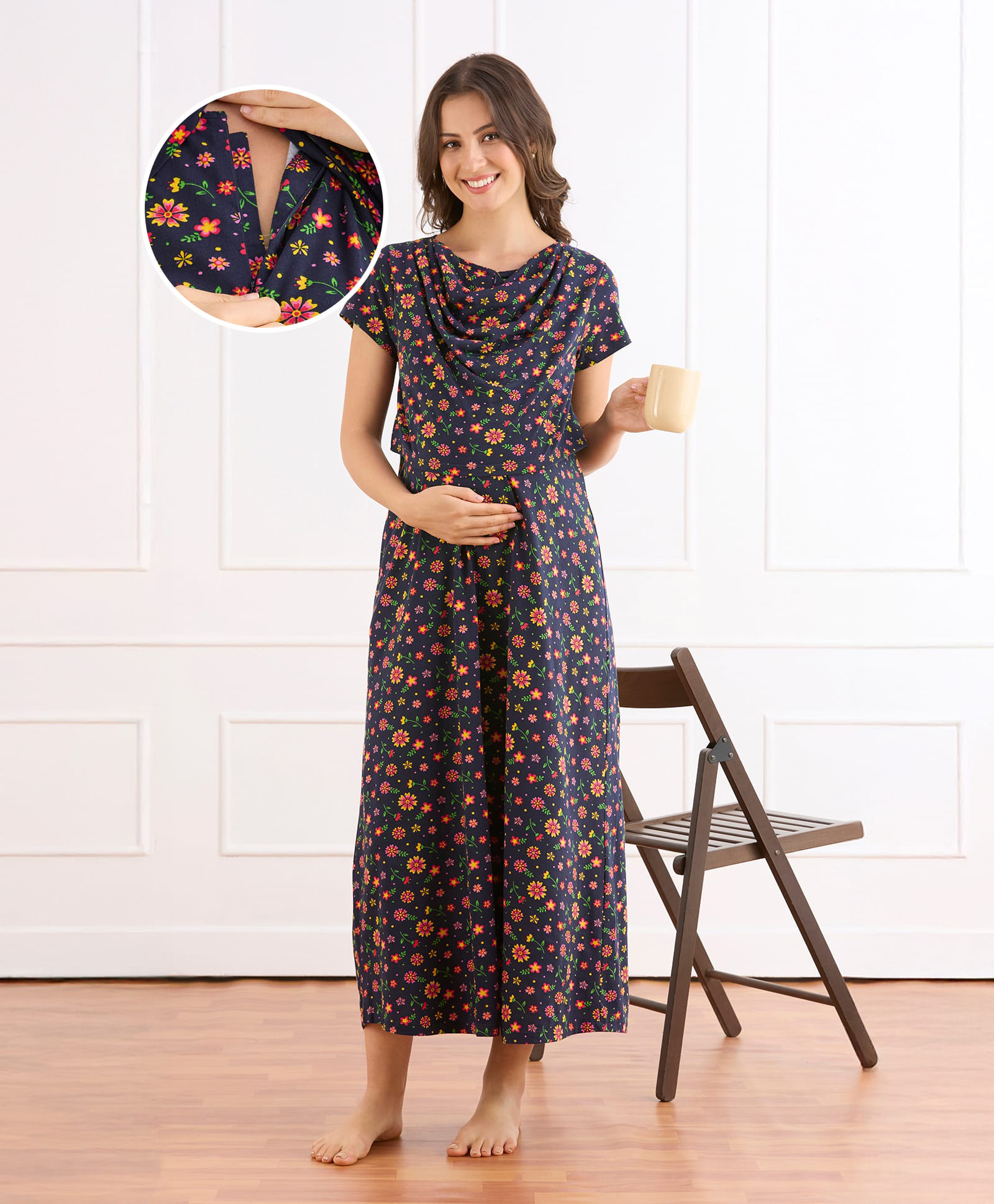 Bella Mama Cotton Knit Half Sleeves Nighty with Concealed Zipper & Floral Print - Navy Blue-picture-19