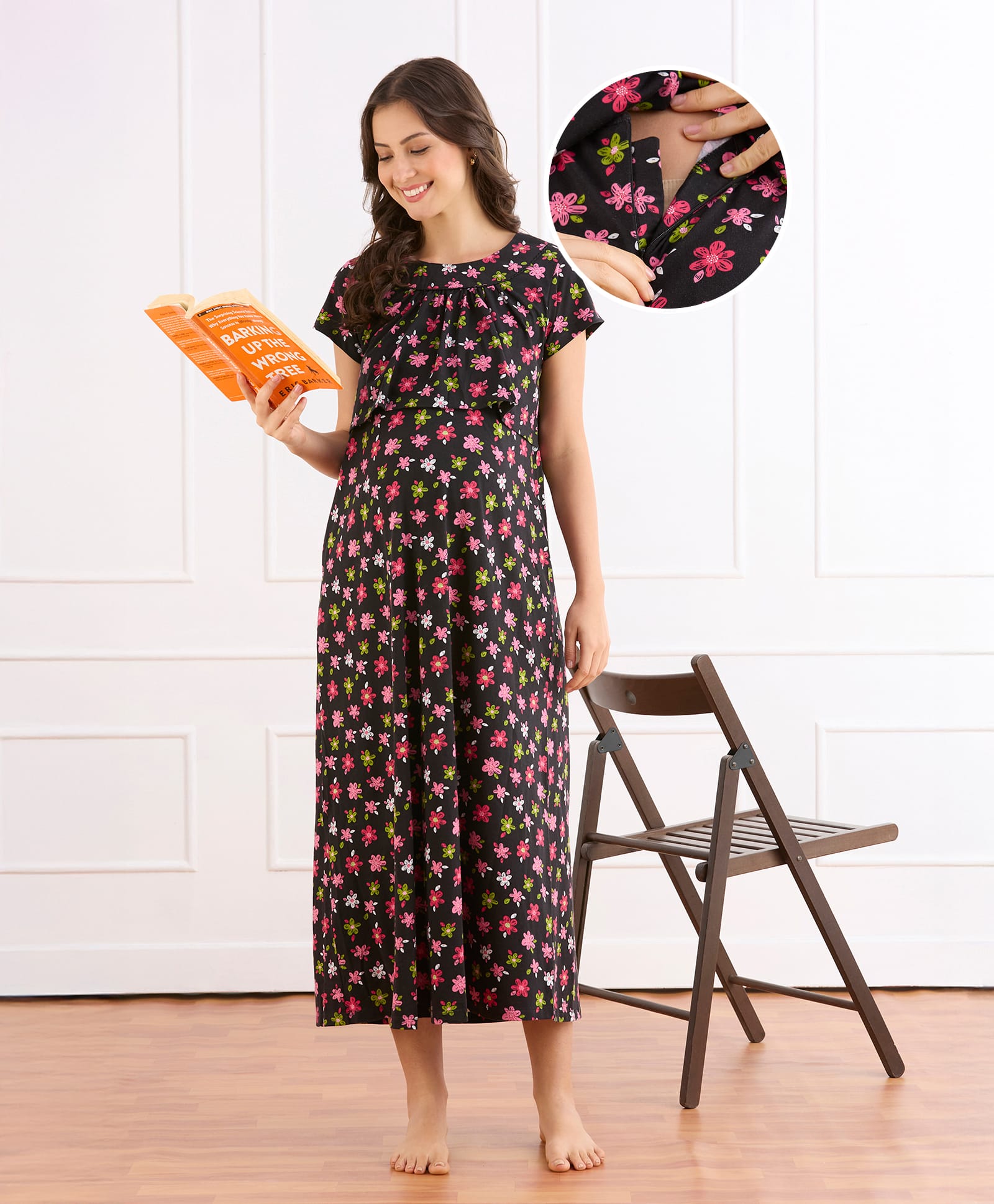 Bella Mama Cotton Knit Half Sleeves Concealed Zipper Floral Printed Nighty - Black