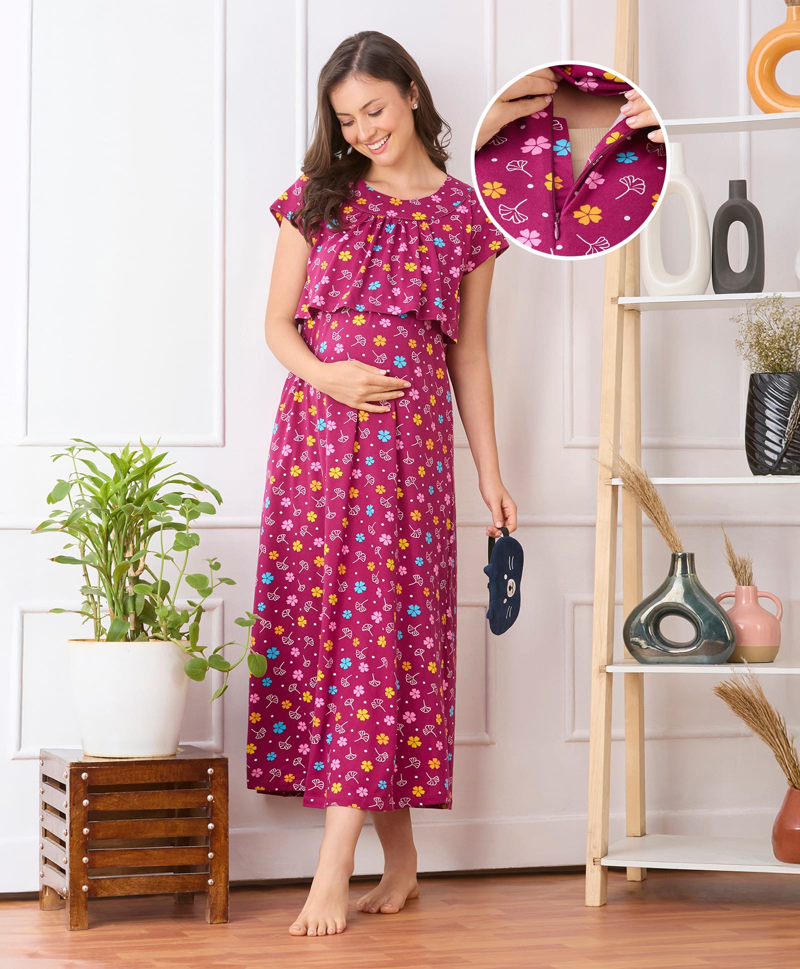 Bella Mama Cotton Knit Half Sleeves Concealed Zipper Floral Print Nighty - Dark Pink