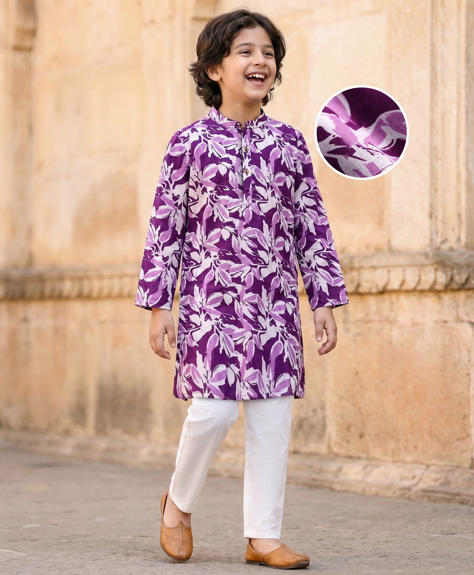 Pine Kids Cotton Woven Full Sleeves Kurta Pajama Set With Floral Print - Purple-image-28