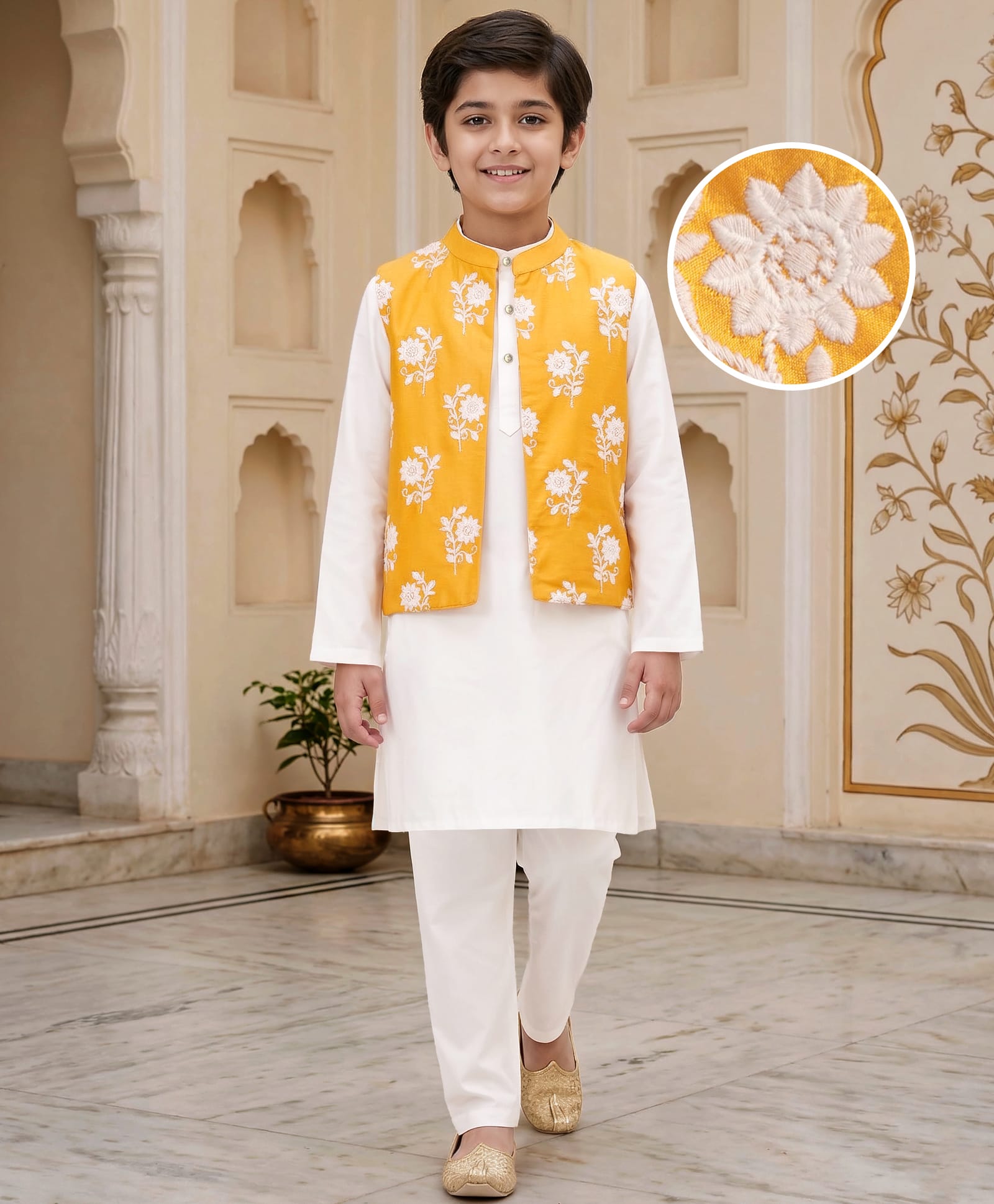 Pine Kids Cotton Woven Full Sleeves Kurta Pajama Set With Floral Embroidered Jacket - White-image-42