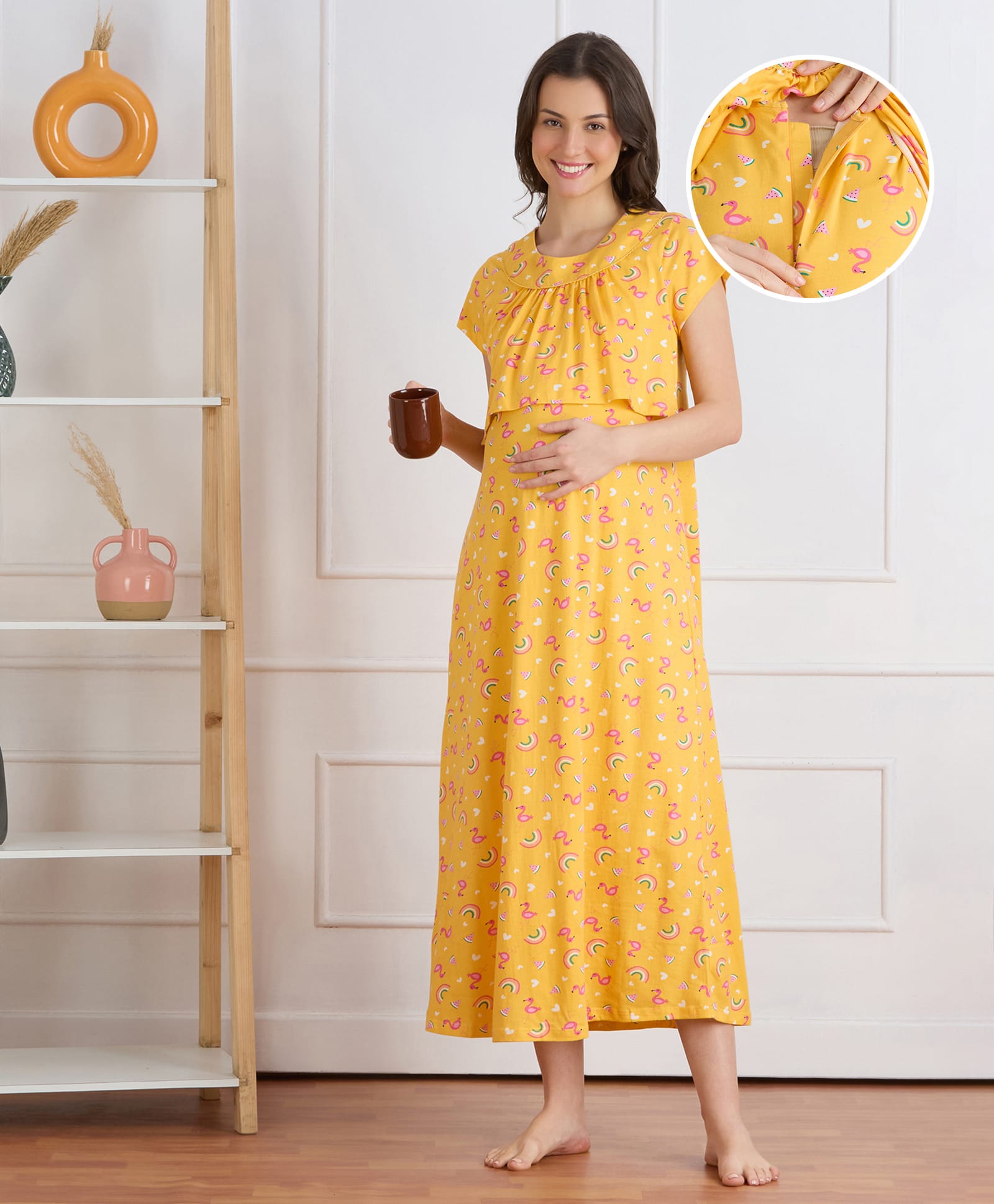 Bella Mama 100% Cotton Half Sleeves Rainbow Printed Concealed Zipper Nursing Nighty - Yellow