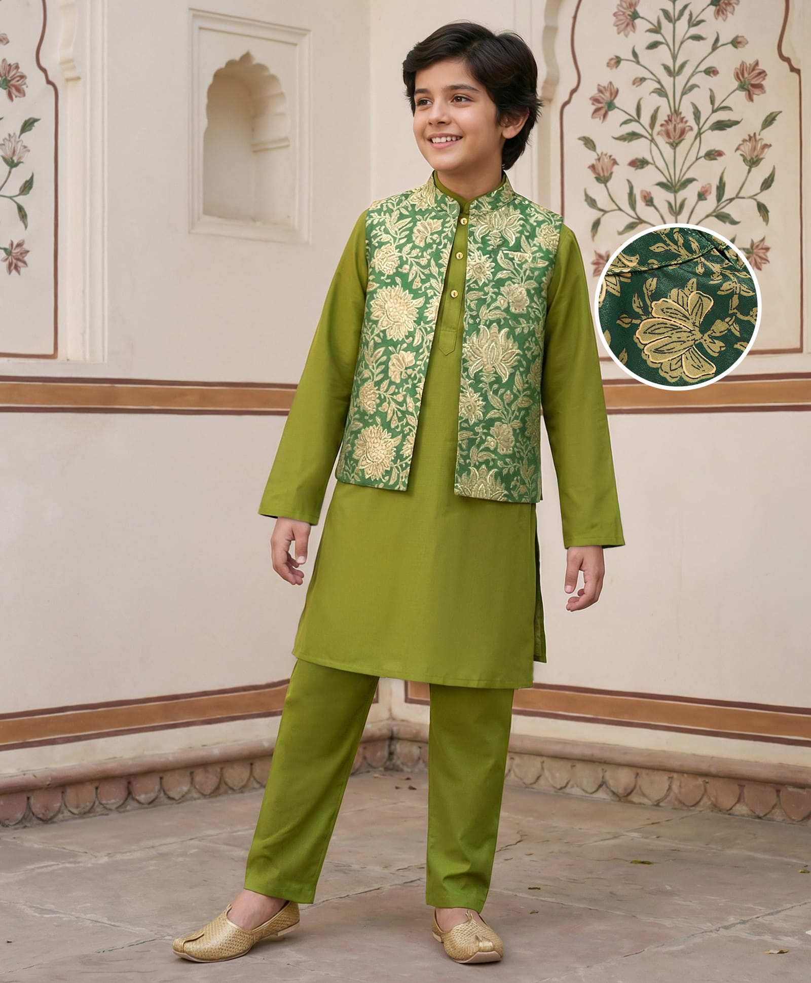Pine Kids Woven Full Sleeves Kurta Pajama Set with Ethnic Jacket & Floral Print - Olive Green-picture-24