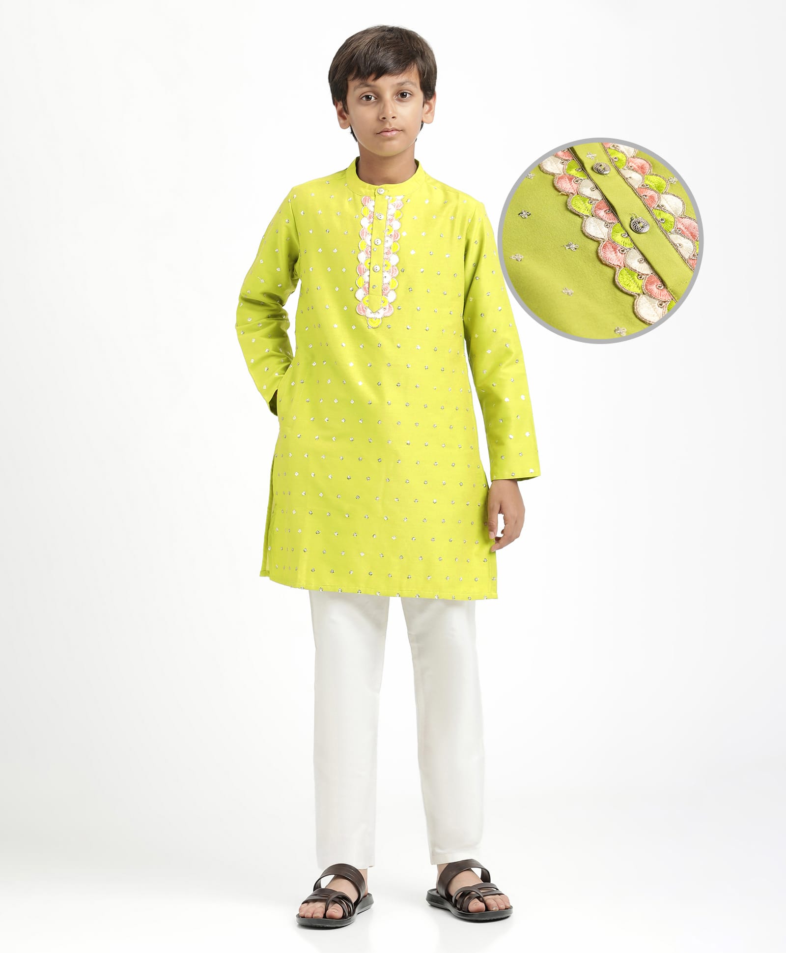 Pine Kids Woven Full Sleeves Kurta Pajama Set With Sequin Detailing - Limegreen-image-35