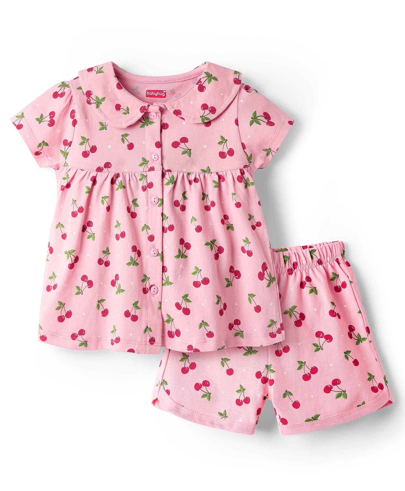 Babyhug Cotton Knit Half Sleeves Co-ords Shorts Night Suit With Tropical Theme Print - Pink-image-42
