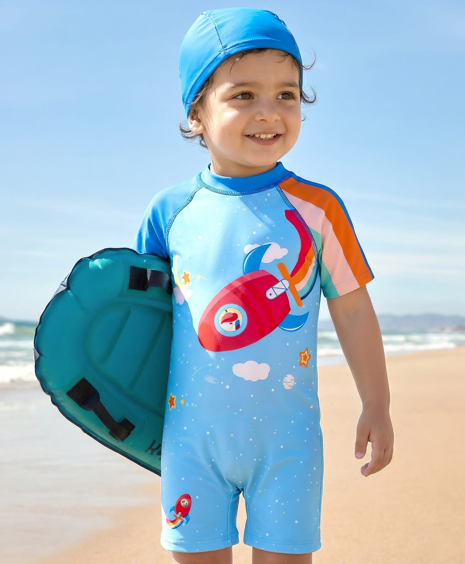 Babyhug Half Raglan Sleeves Legged Swimsuit With Rocket Print & Cap - Light Blue