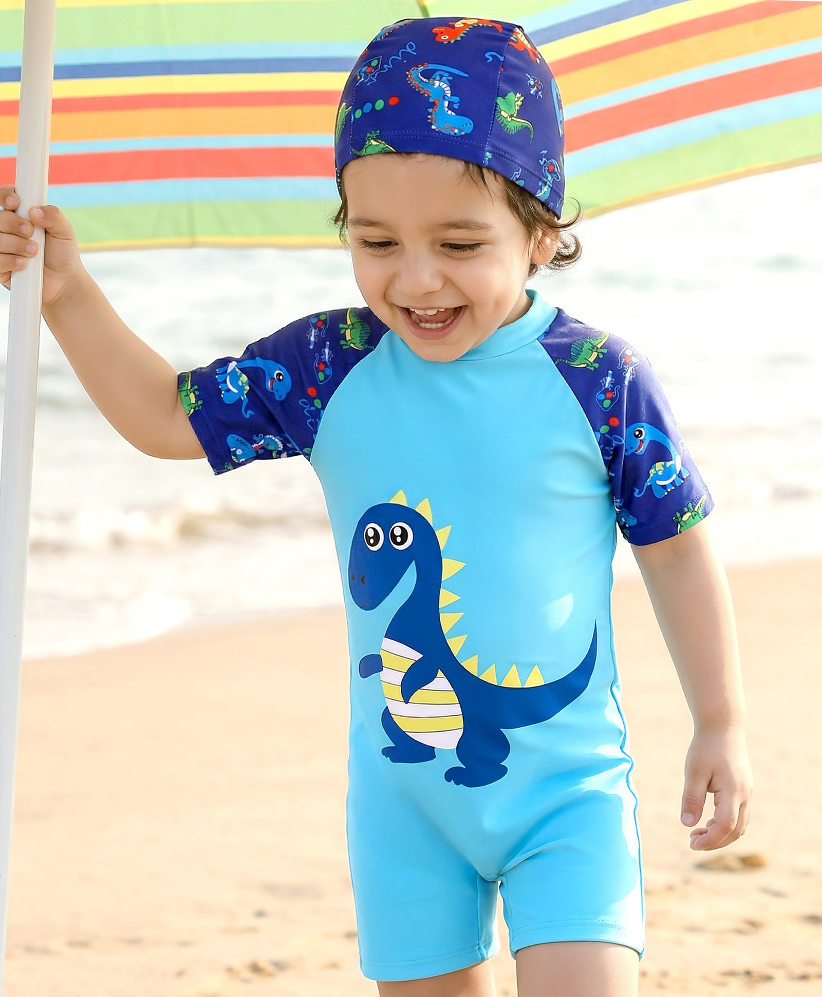 Babyhug Half Raglan Sleeves Legged Swimsuit With Dino Print & Cap - Light Blue-picture-28